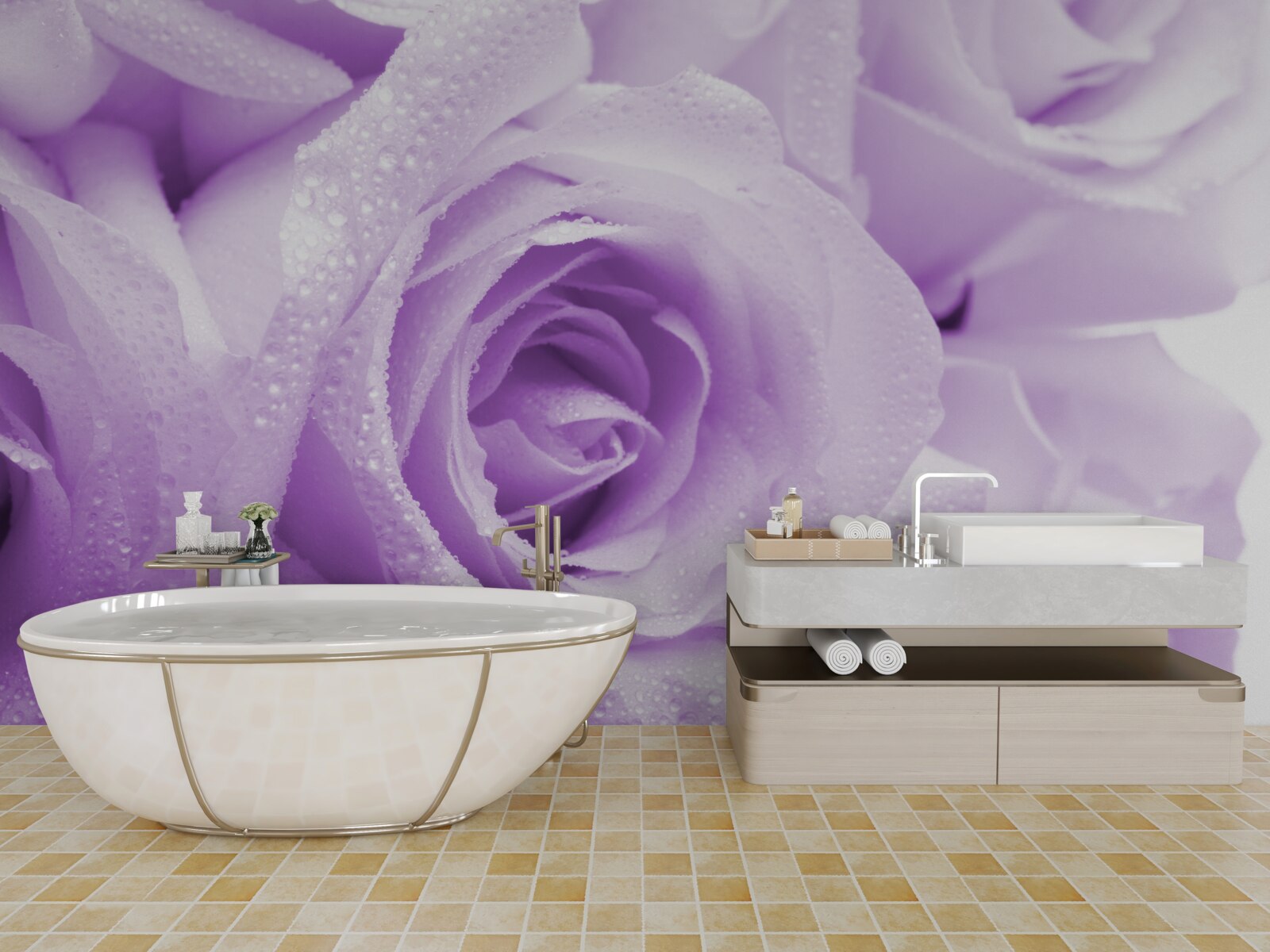 Papier peint bouquet de roses lilas délicates