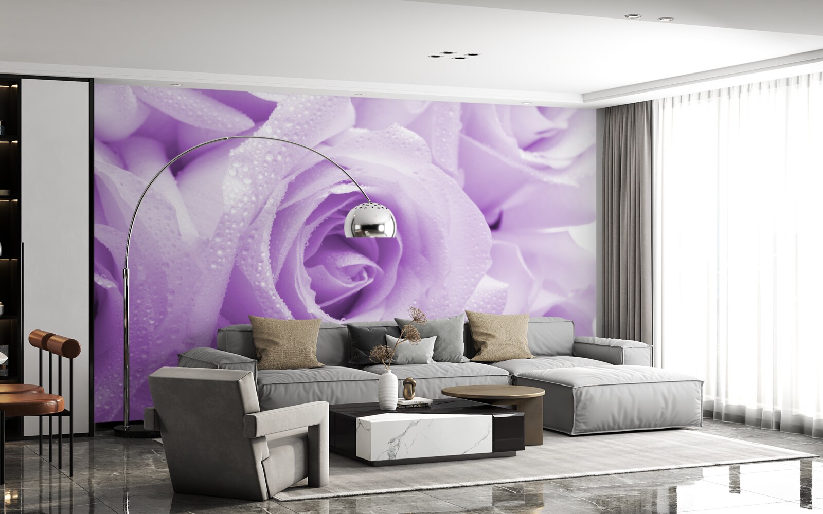 Papier peint bouquet de roses lilas délicates