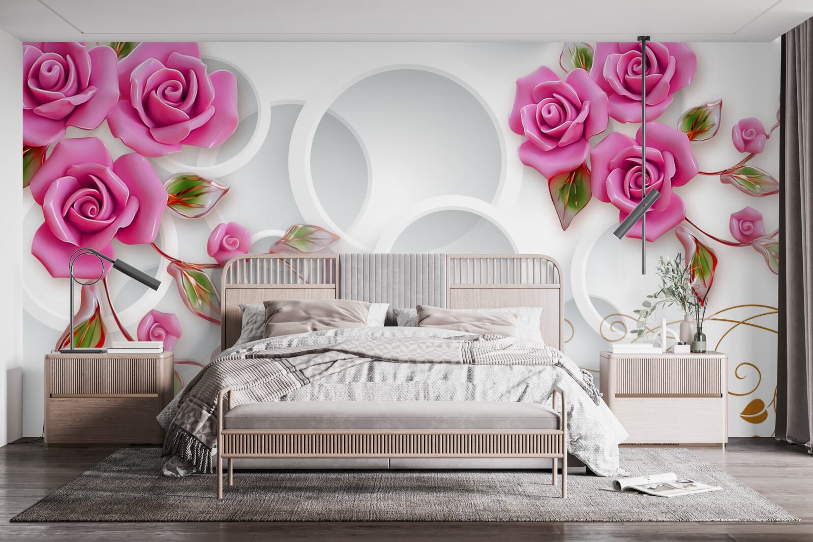Papier peint des cerceaux blancs et une rose en rose