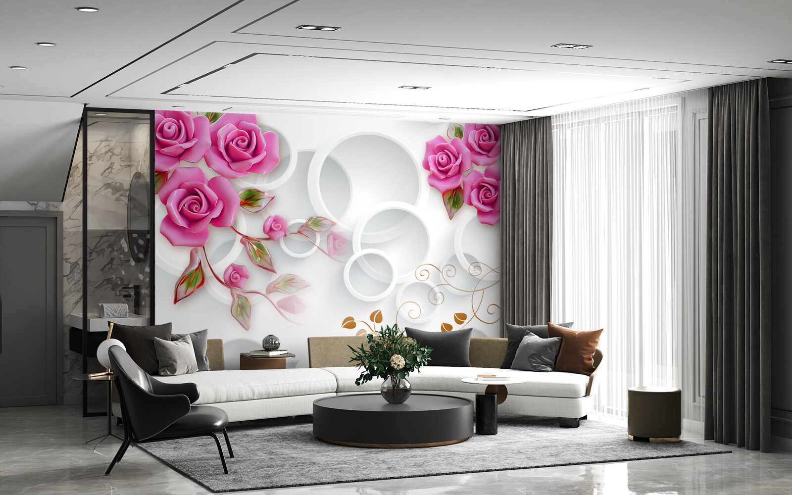 Papier peint des cerceaux blancs et une rose en rose