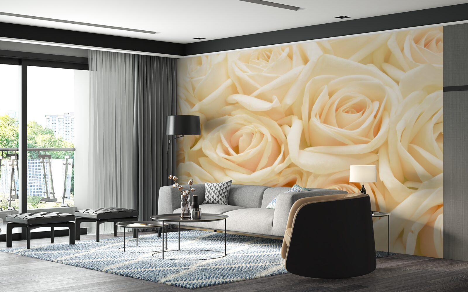 Papier peint bouquet de roses crème