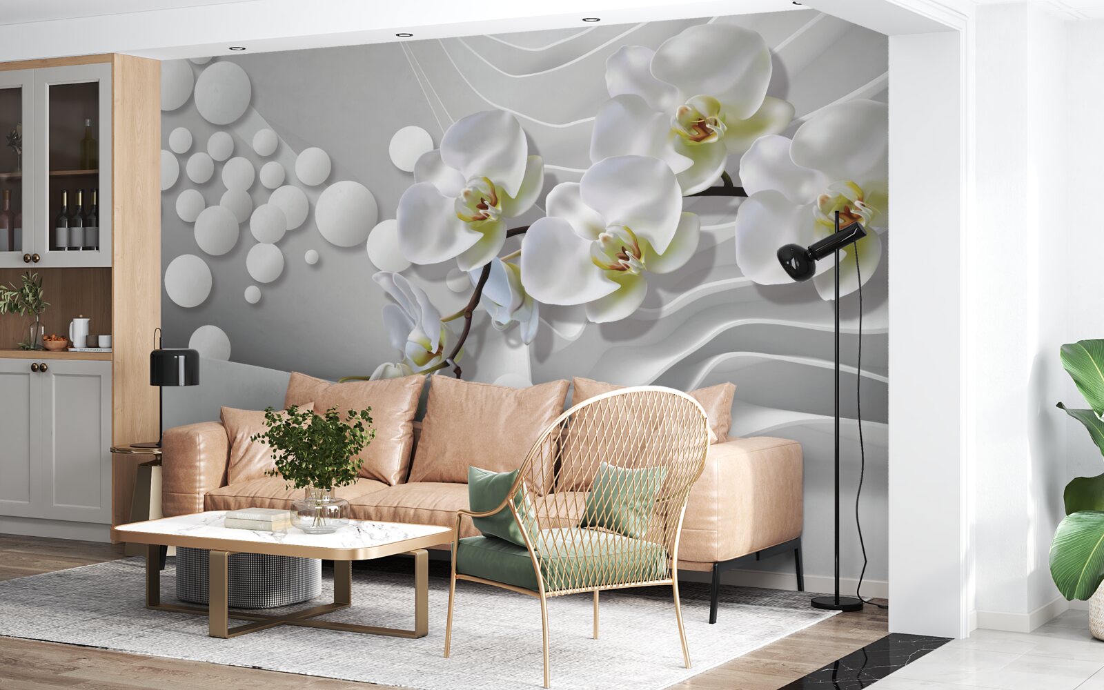 Papier peint orchidée avec branche blanche abstraite