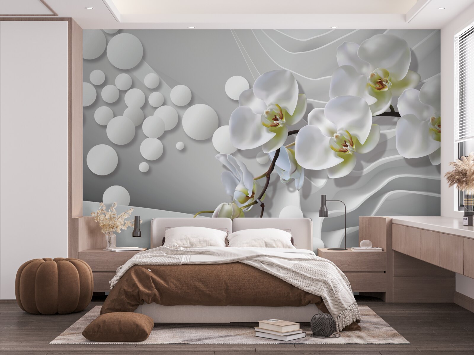 Papier peint orchidée avec branche blanche abstraite