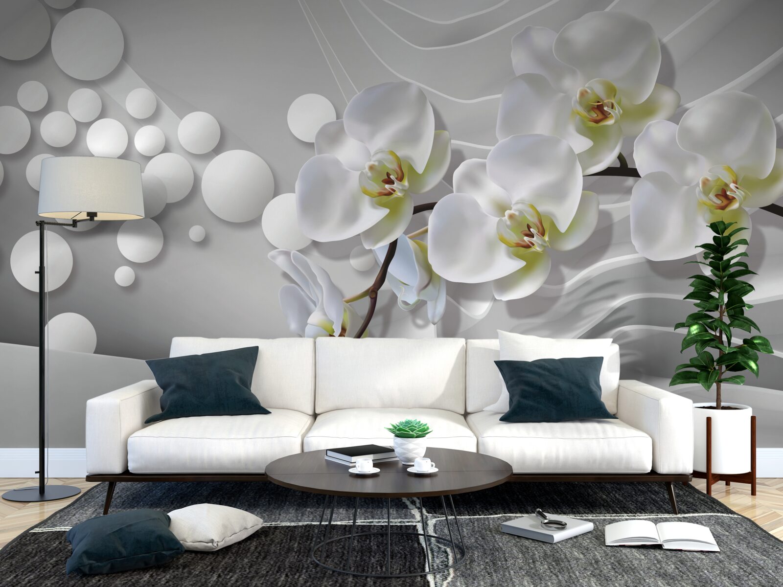Papier peint orchidée avec branche blanche abstraite