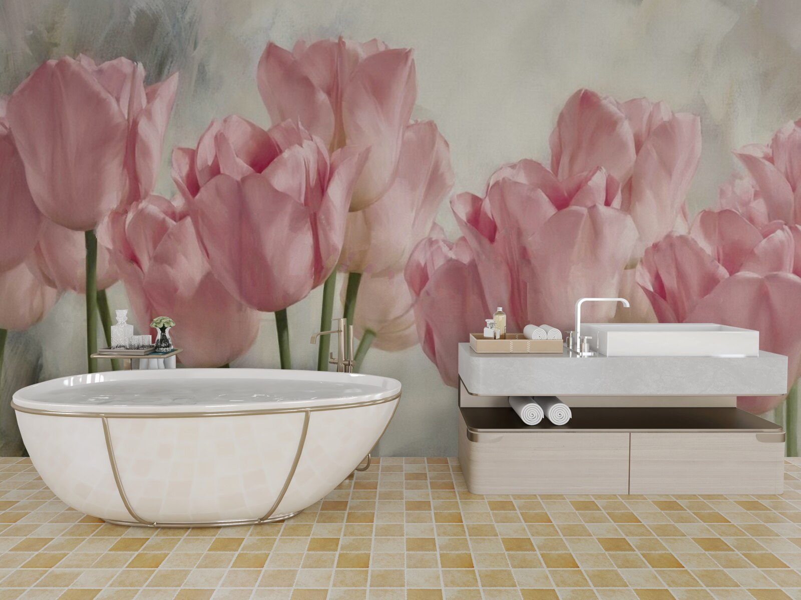Papier peint tulipes roses délicates