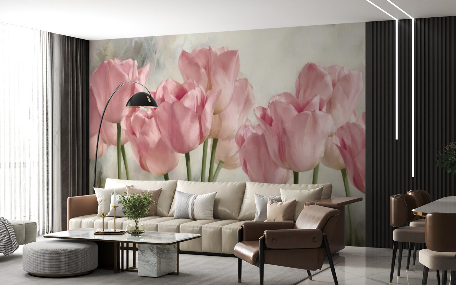 Papier peint tulipes roses délicates