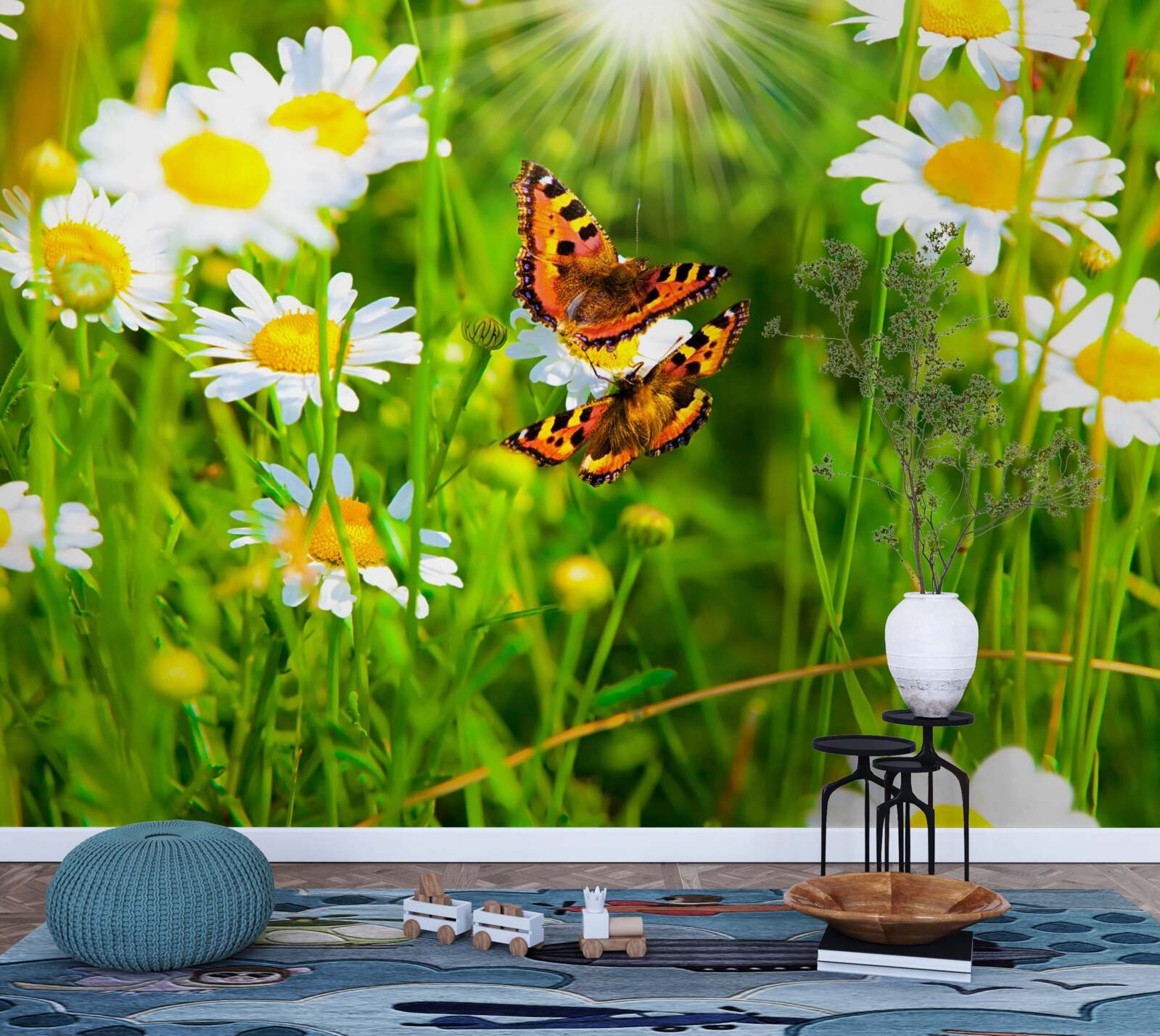 Papier peint les marguerites d'été dans la prairie sont décorées de papillons