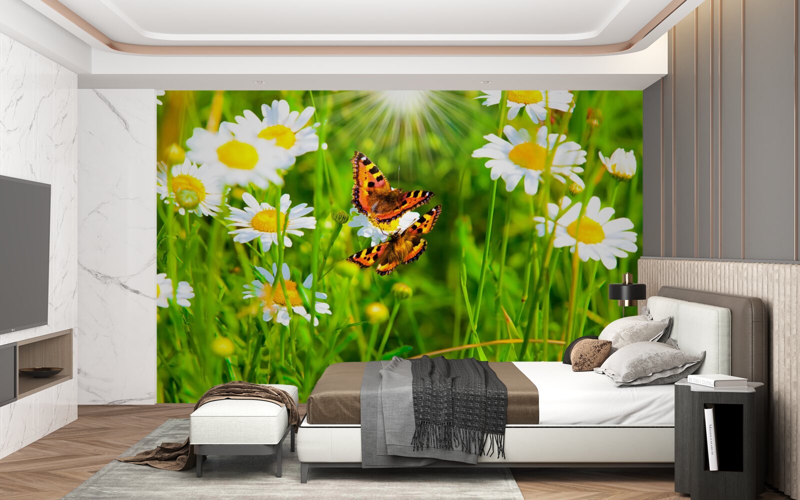 Papier peint les marguerites d'été dans la prairie sont décorées de papillons