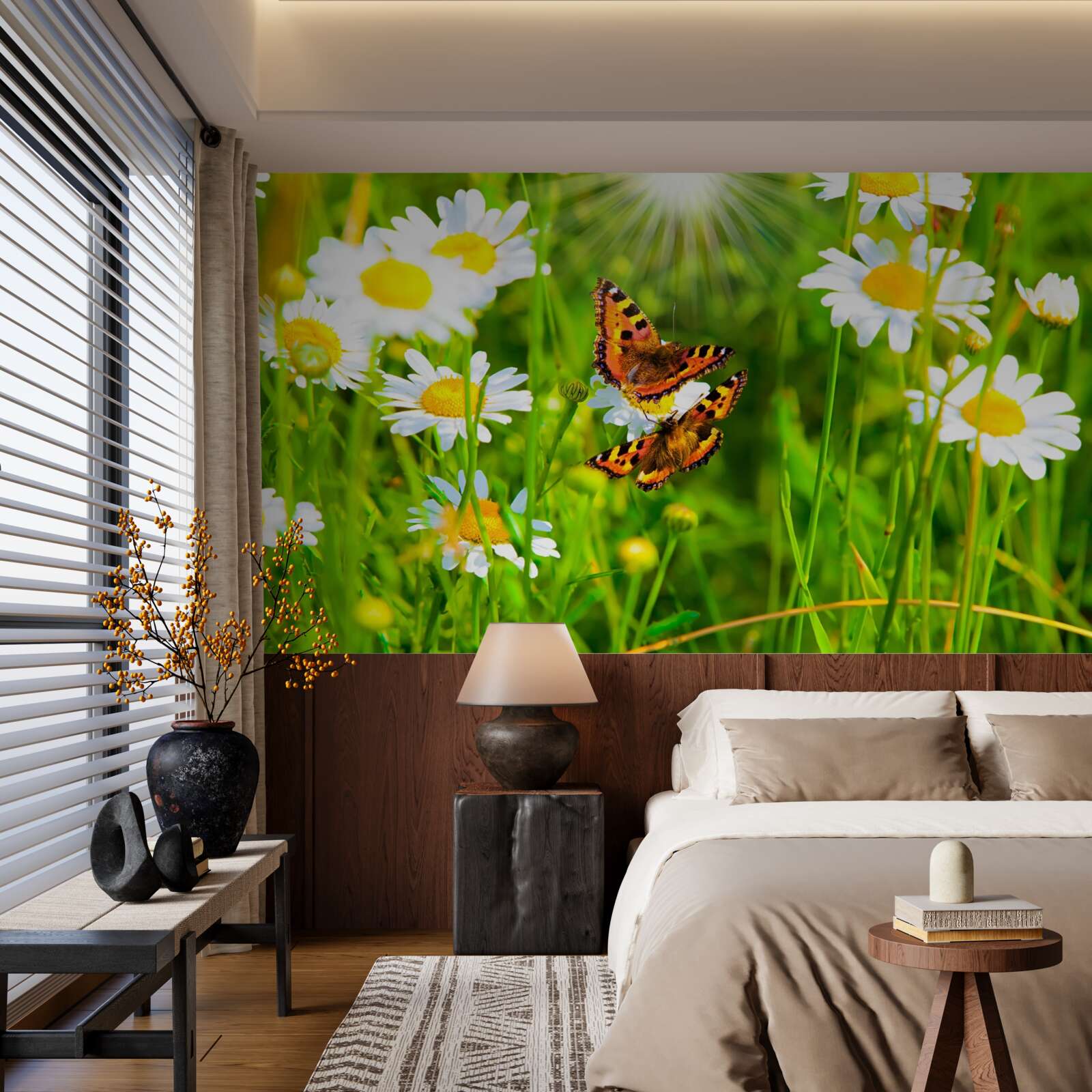 Papier peint les marguerites d'été dans la prairie sont décorées de papillons