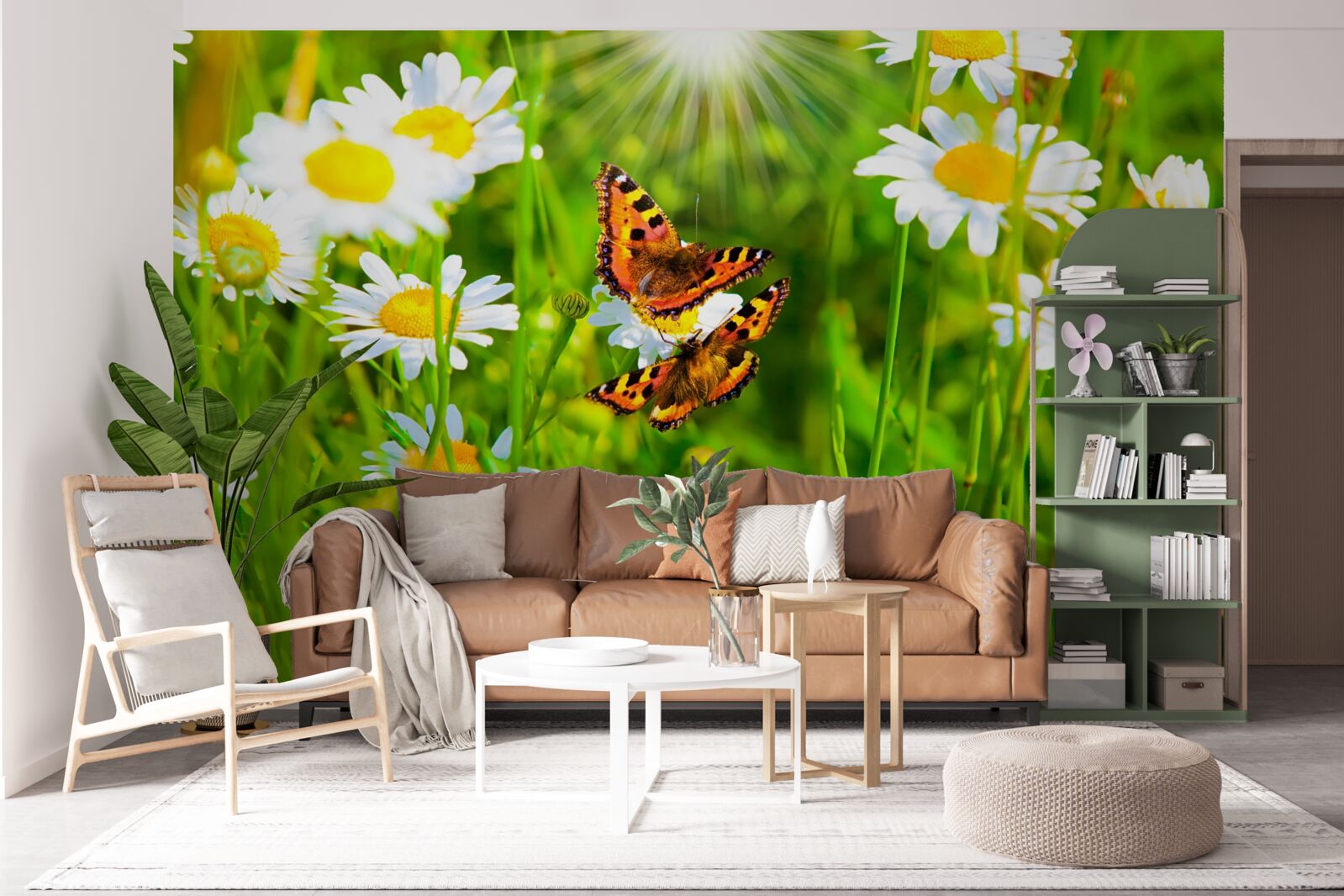 Papier peint les marguerites d'été dans la prairie sont décorées de papillons