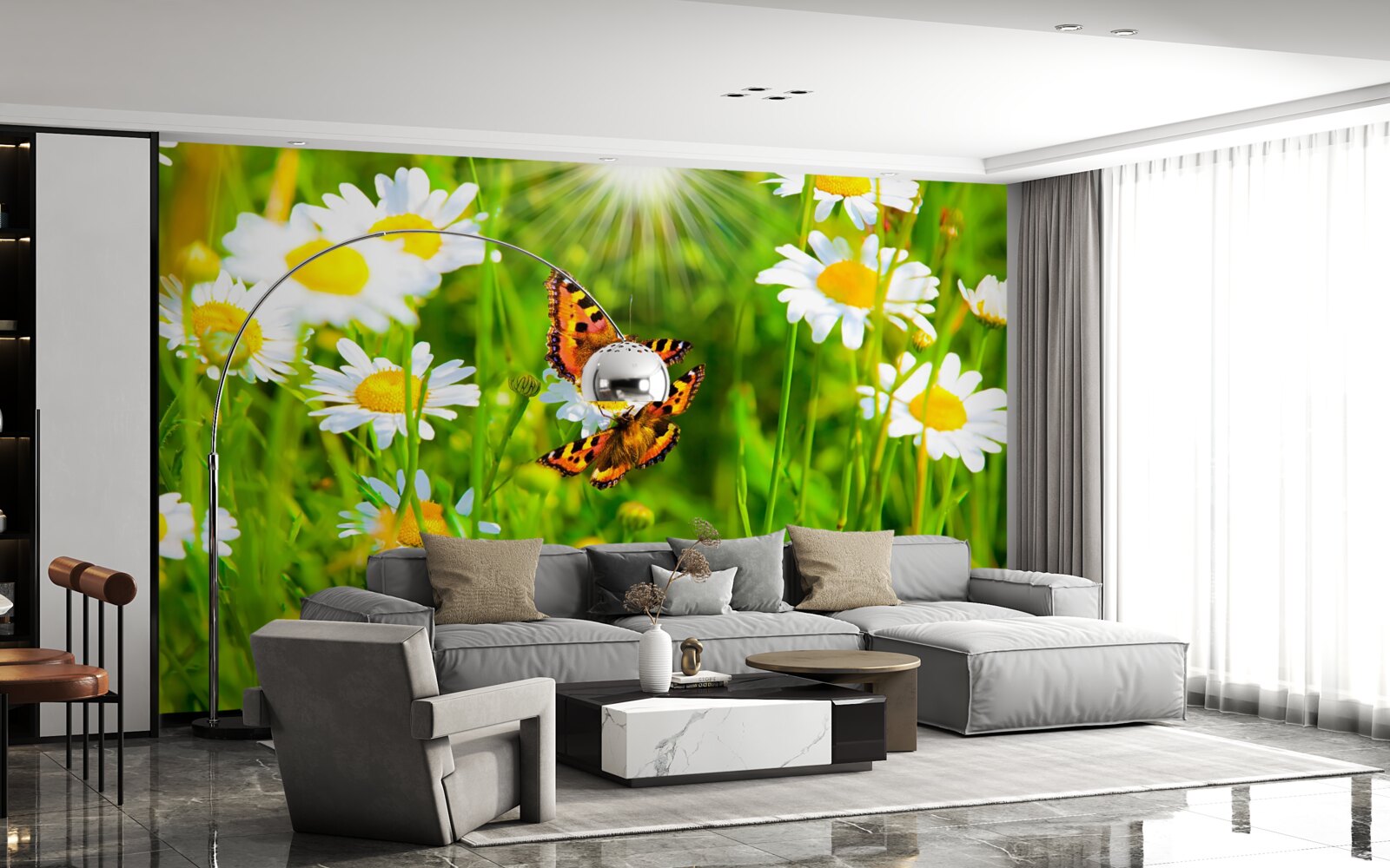 Papier peint les marguerites d'été dans la prairie sont décorées de papillons