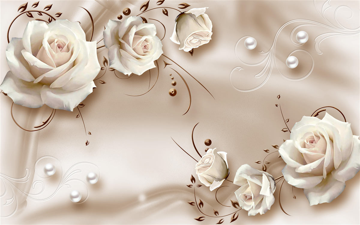 Papier peint perles et roses blanches