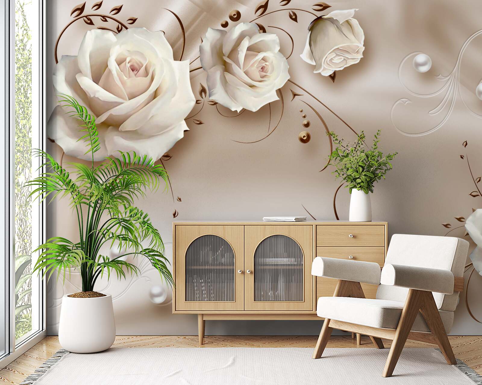 Papier peint perles et roses blanches