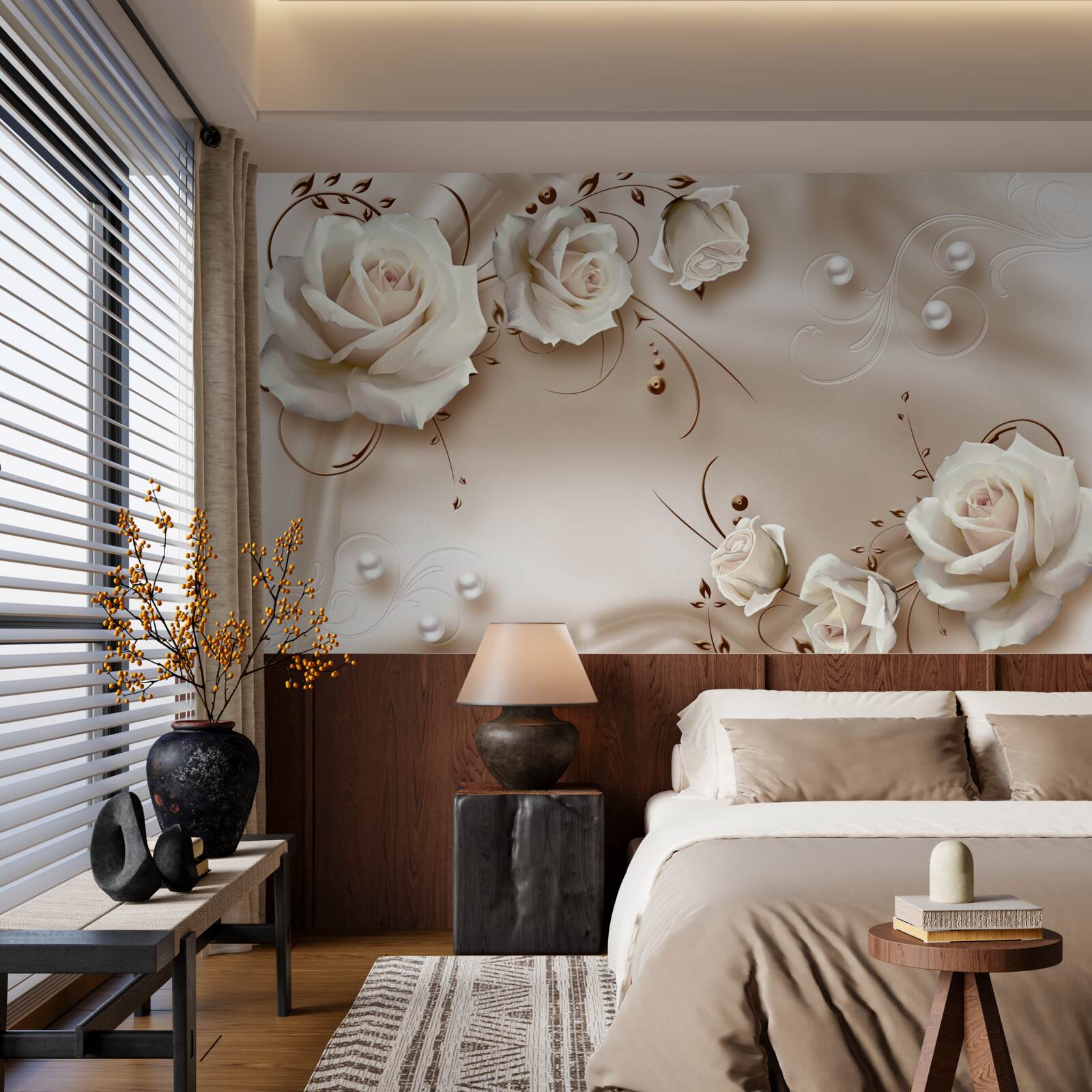 Papier peint perles et roses blanches