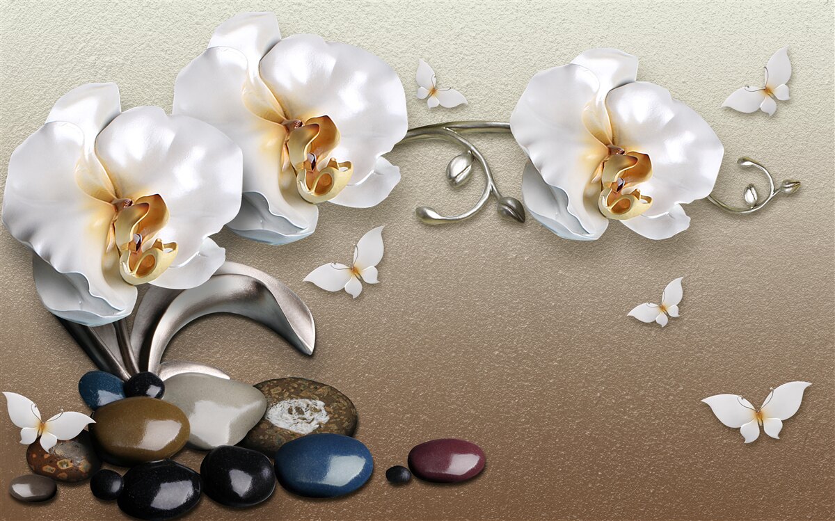 Papier peint des pierres, des fleurs blanches et des papillons
