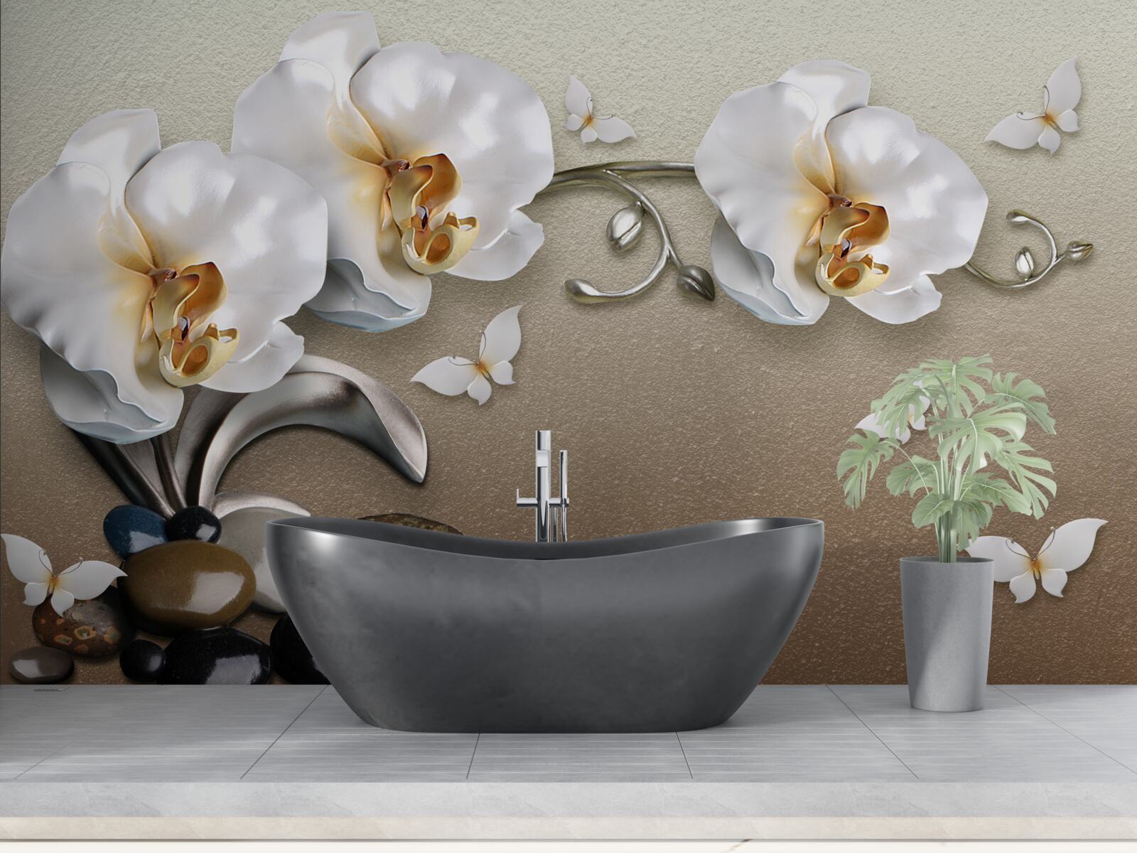 Papier peint des pierres, des fleurs blanches et des papillons