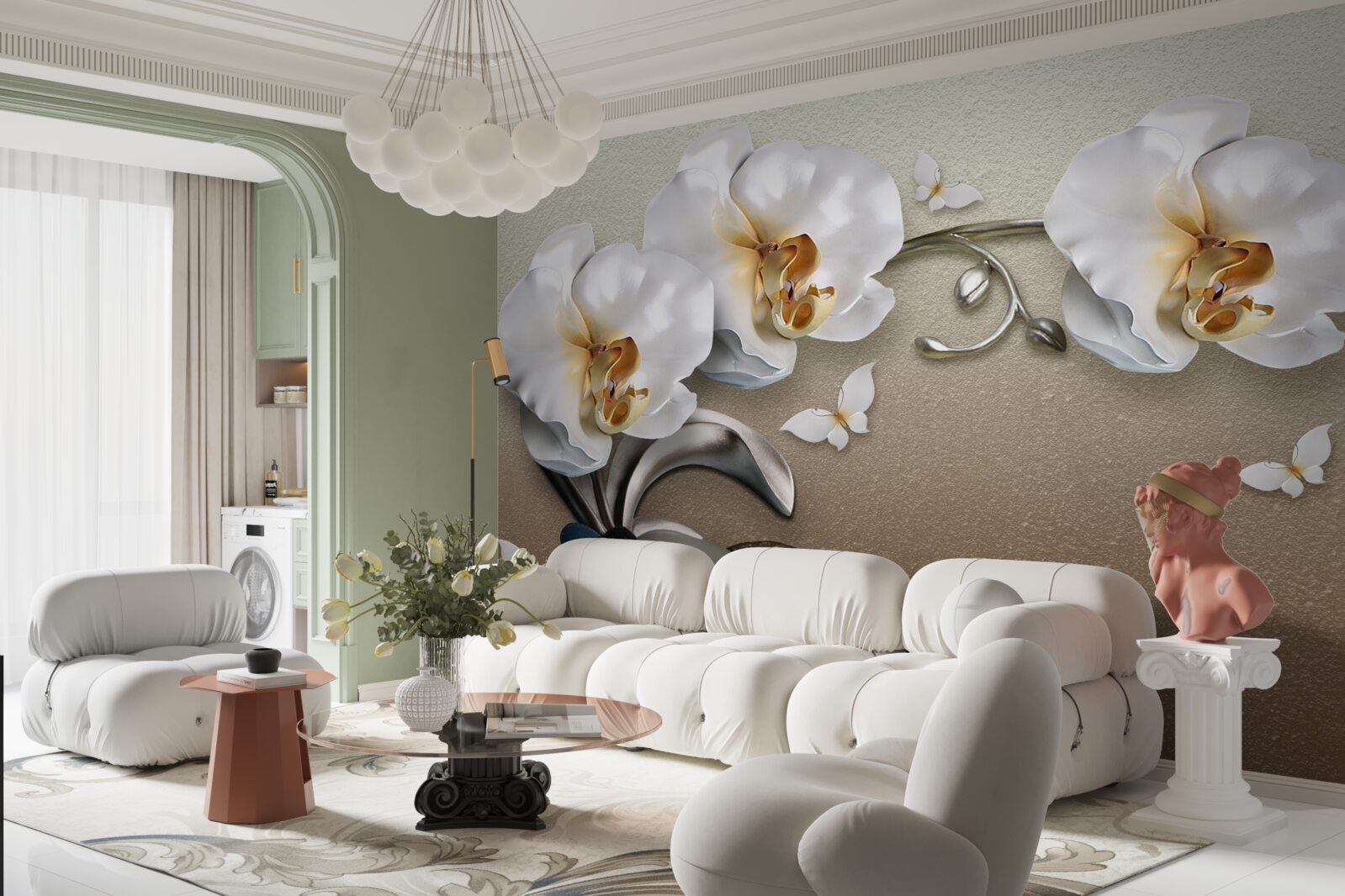 Papier peint des pierres, des fleurs blanches et des papillons