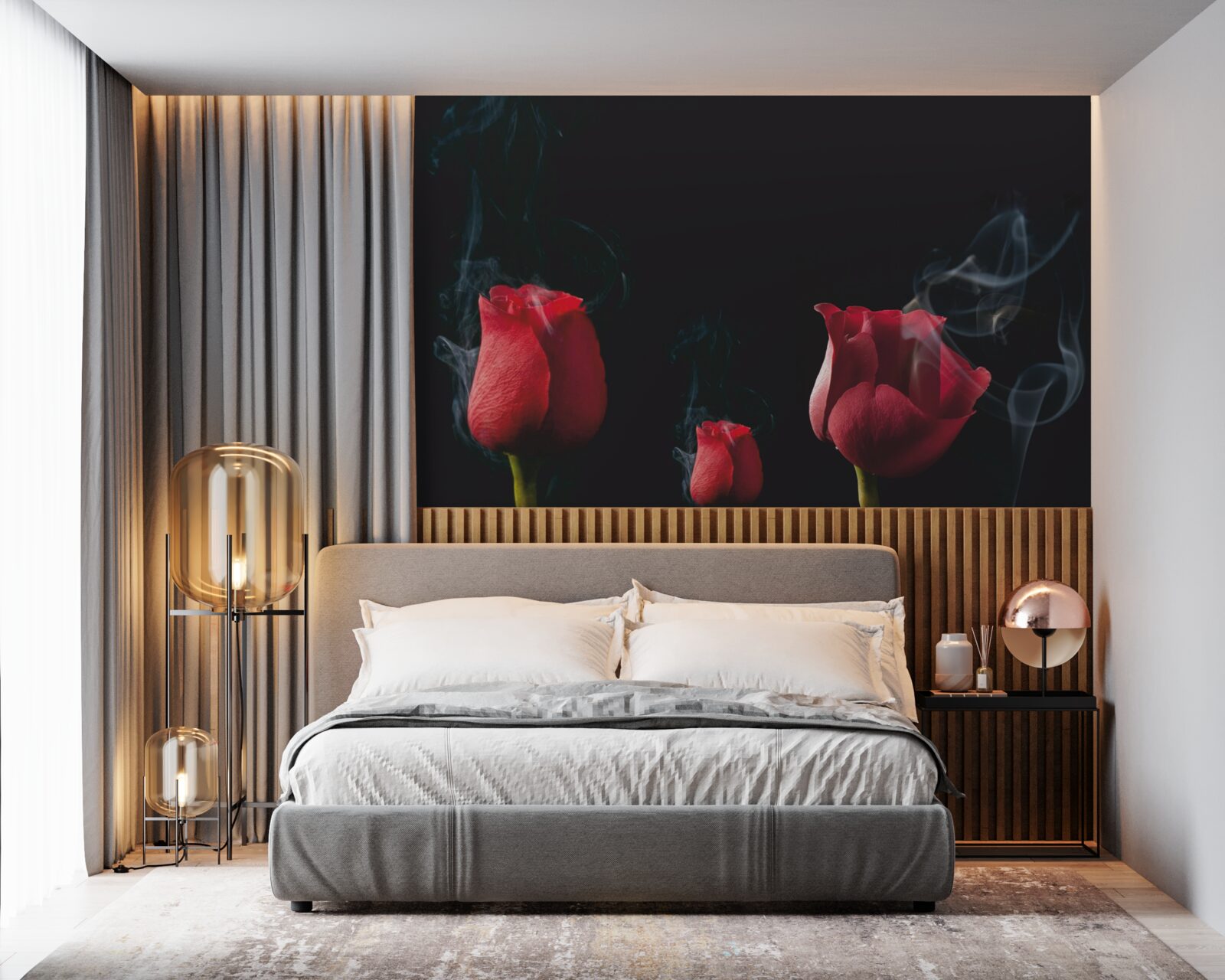 Papier peint une rose rouge fleurit dans la fumée