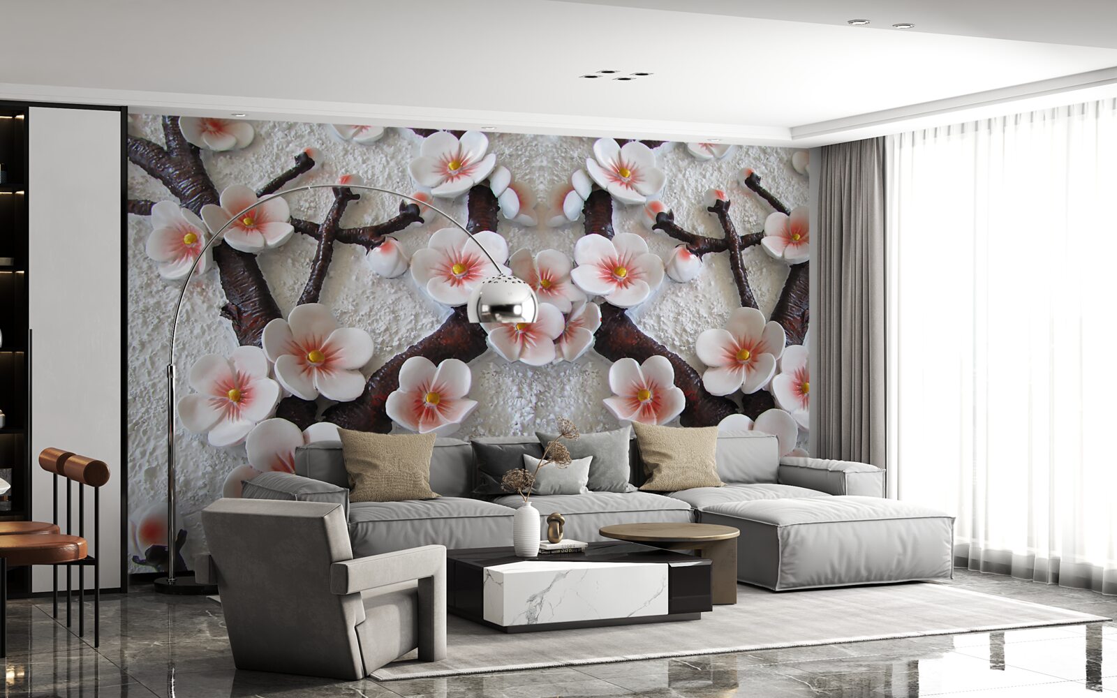 Papier peint sakura mouillé par une branche fleurie