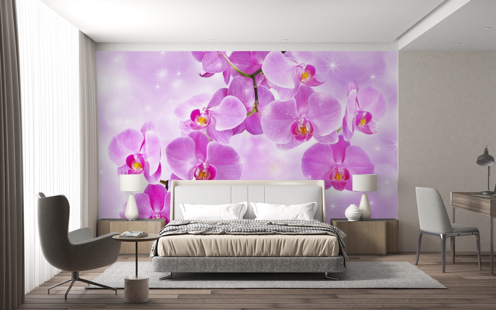 Papier peint orchidées violettes suspendues