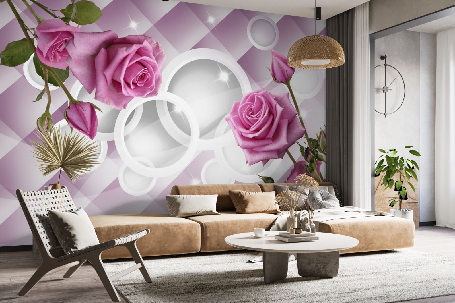 Papier peint roses lilas sur un fond ambigu