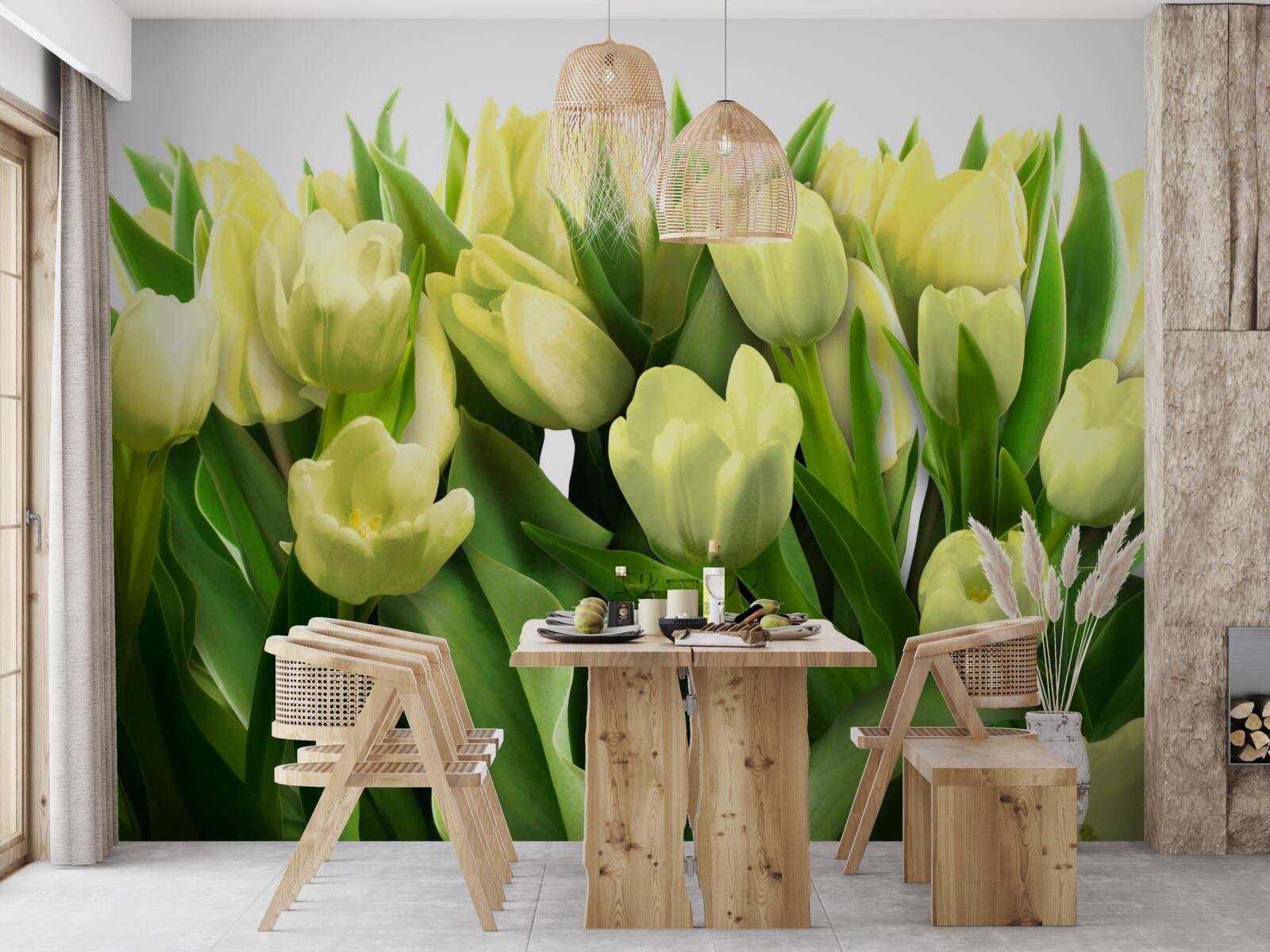 Papier peint Tulipes jaunes avec feuilles vertes