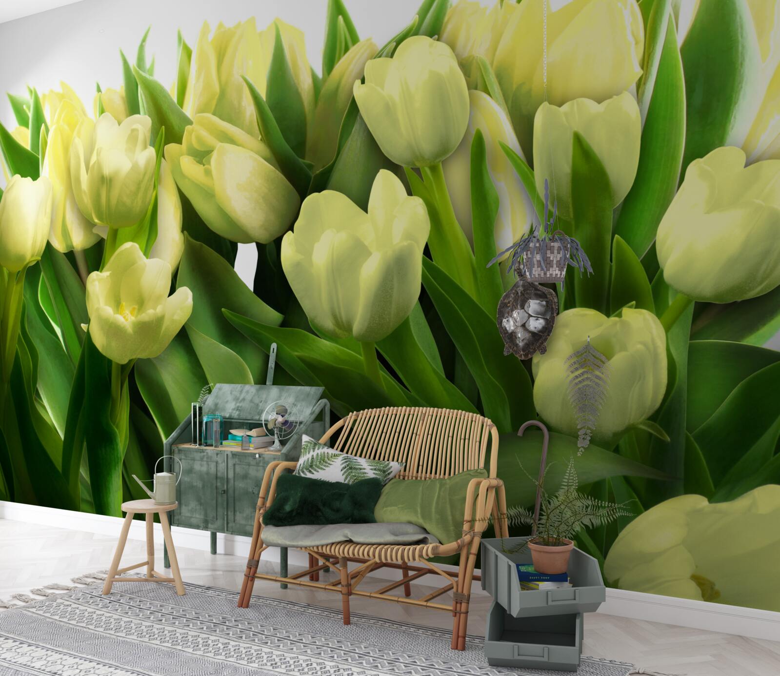 Papier peint Tulipes jaunes avec feuilles vertes