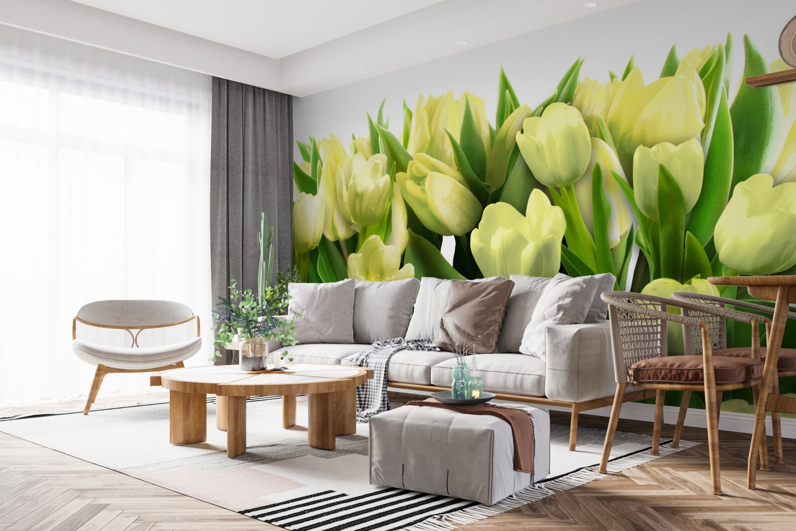Papier peint Tulipes jaunes avec feuilles vertes