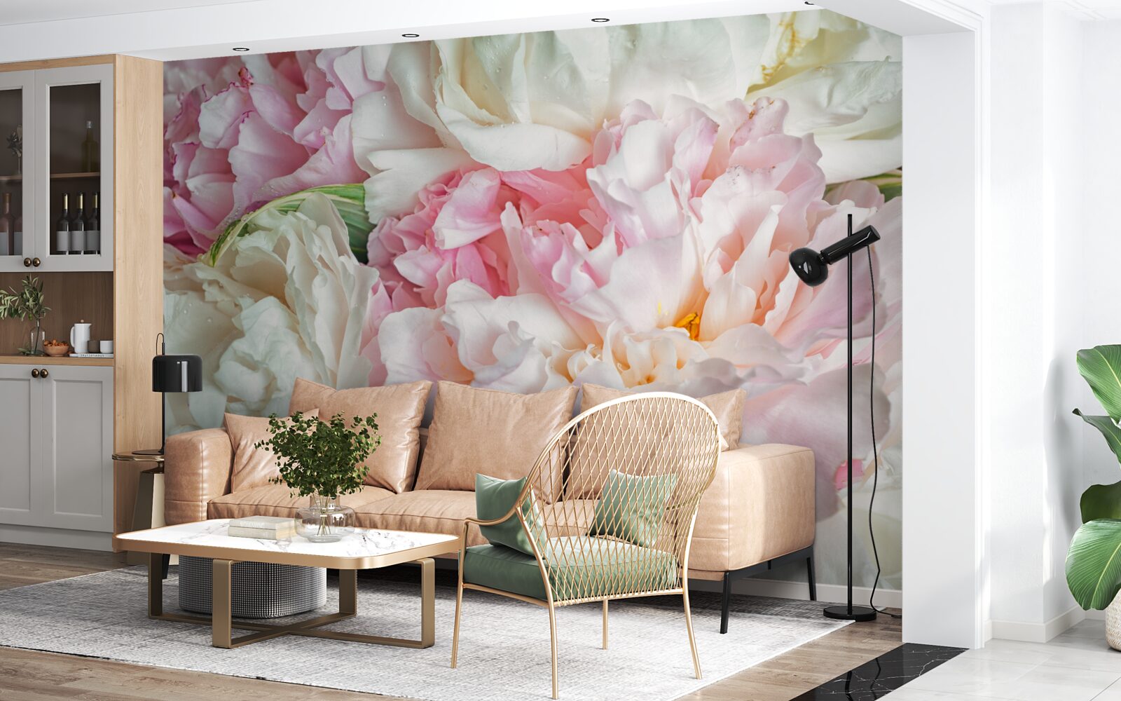 Papier peint bouquet de pivoines douces