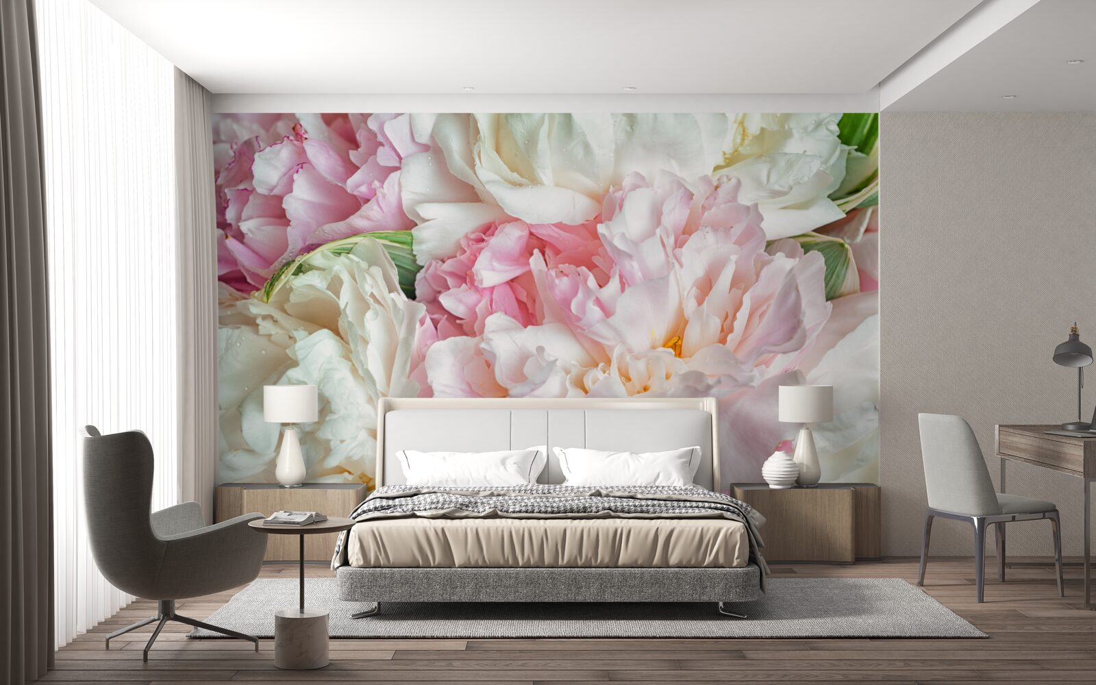 Papier peint bouquet de pivoines douces