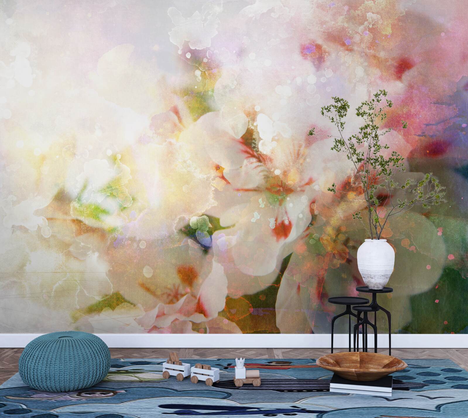 Papier peint fleurs à l'aquarelle dans une palette claire