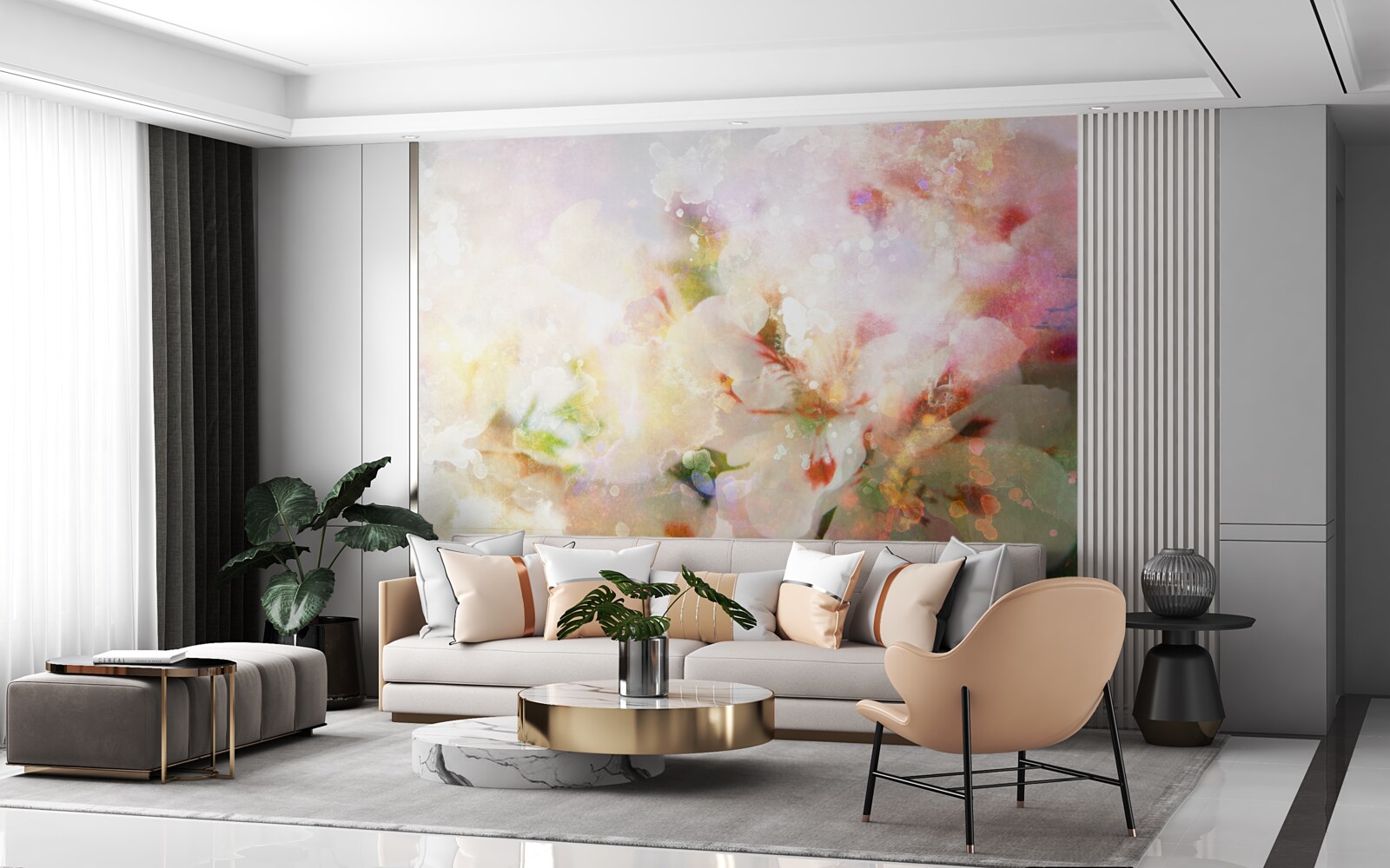Papier peint fleurs à l'aquarelle dans une palette claire