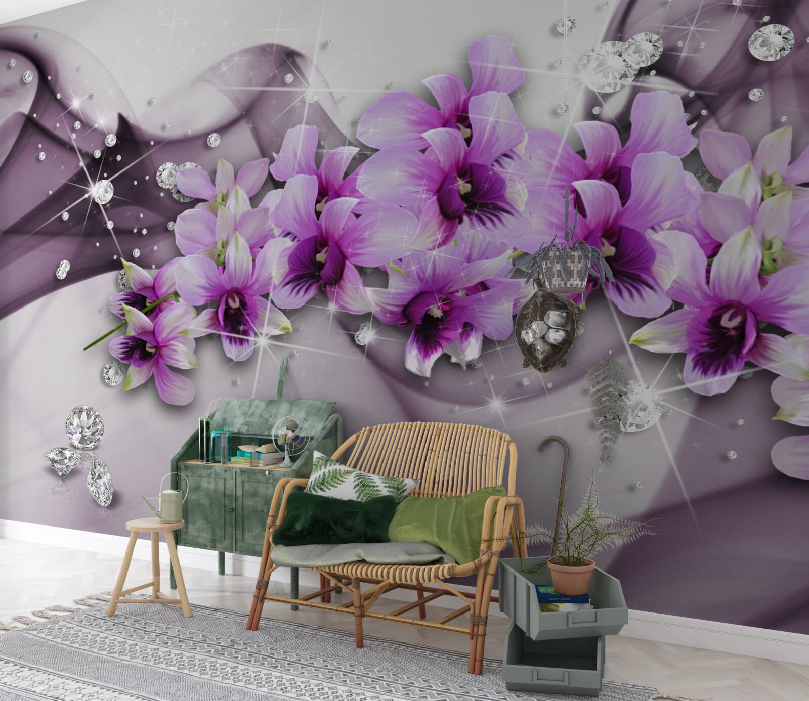Papier peint zircons et fleurs violettes