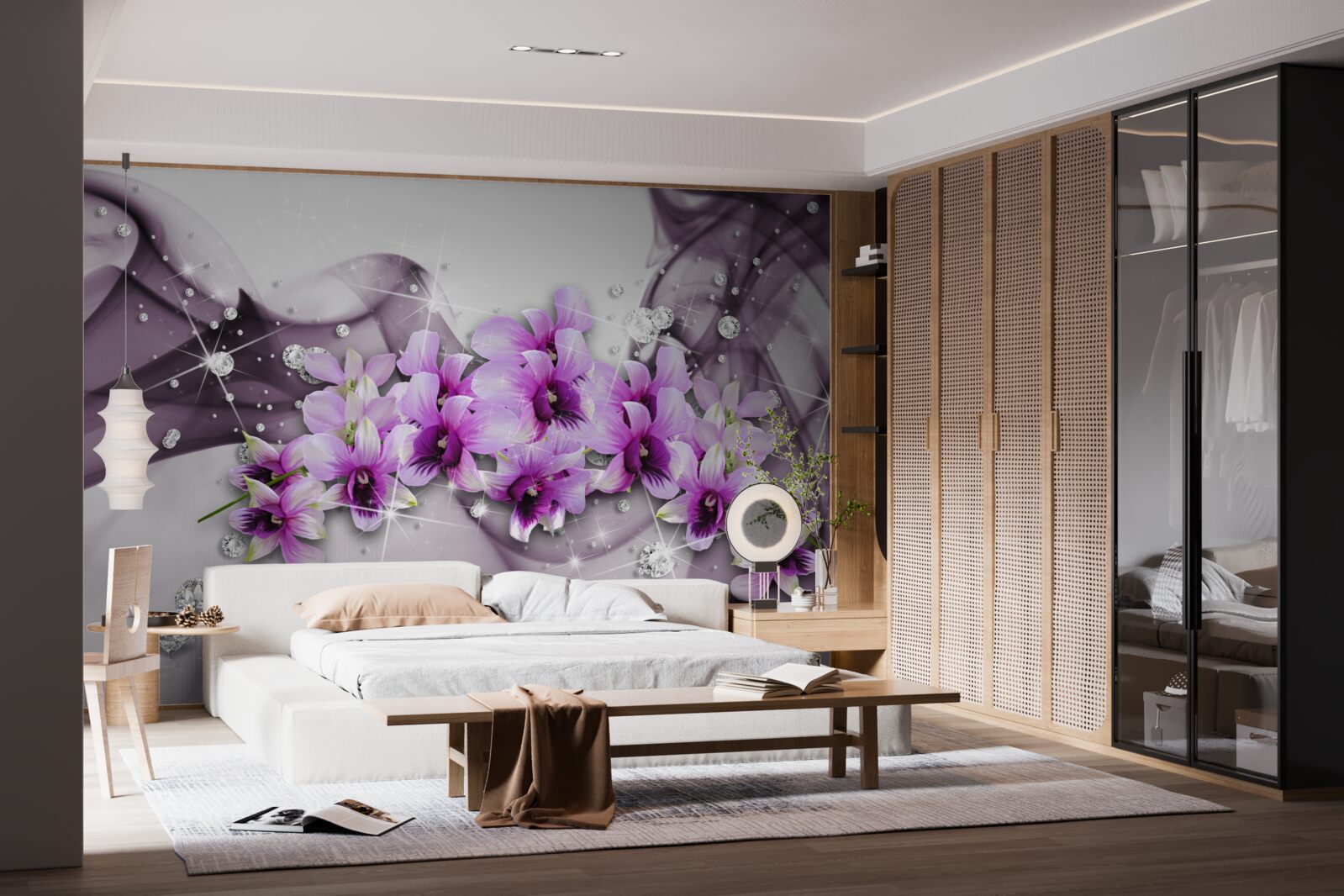 Papier peint zircons et fleurs violettes