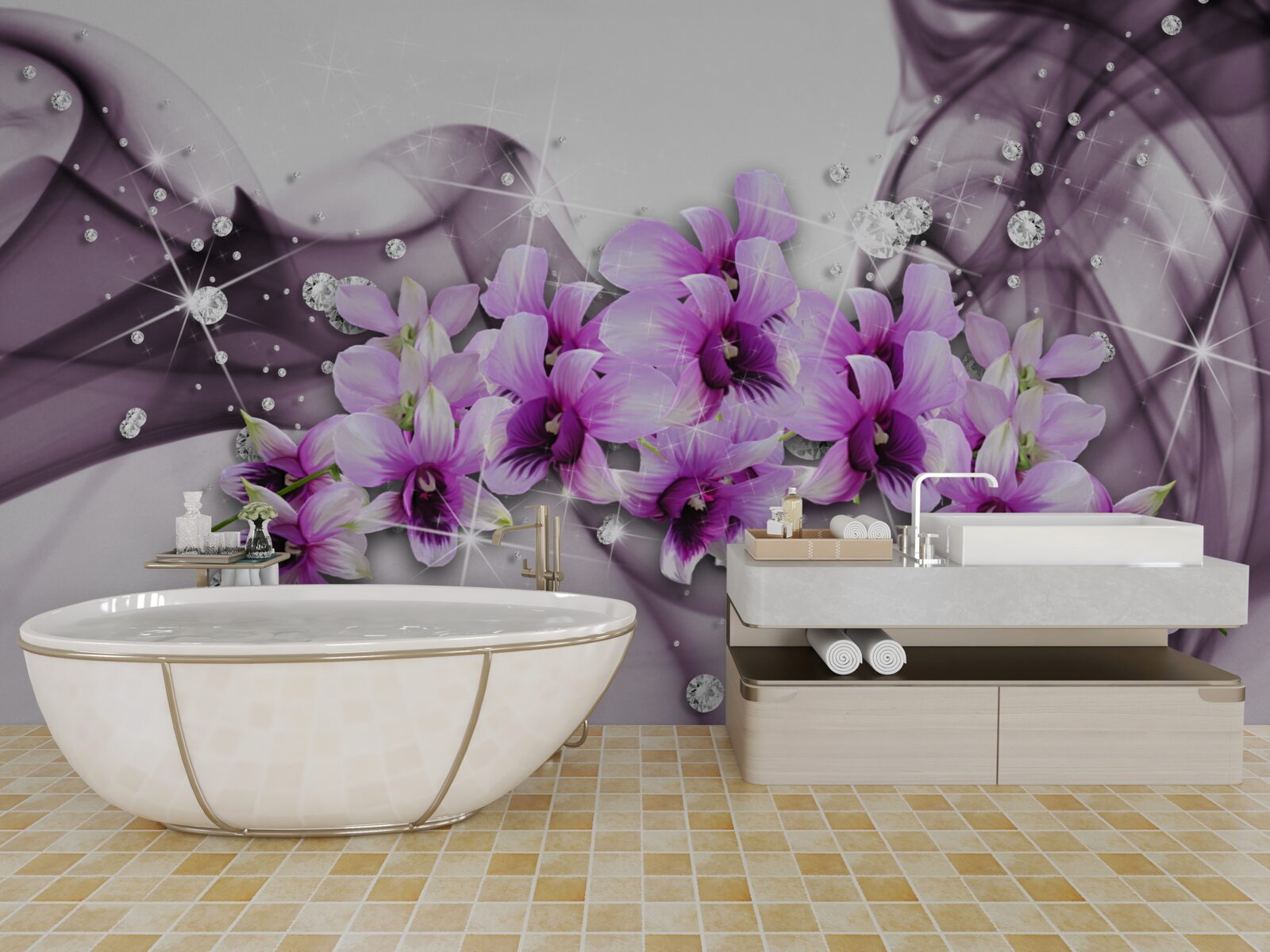 Papier peint zircons et fleurs violettes