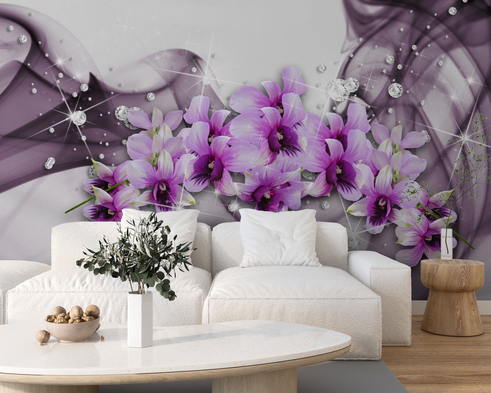 Papier peint zircons et fleurs violettes