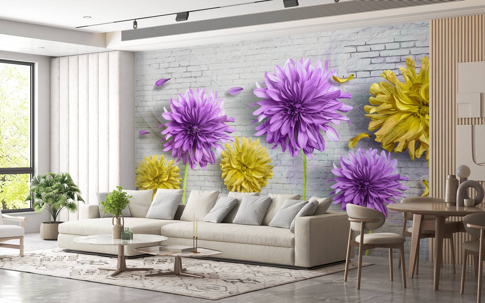 Papier peint des fleurs dans les tons de violet et de jaune s'épanouissent sur un mur de briques