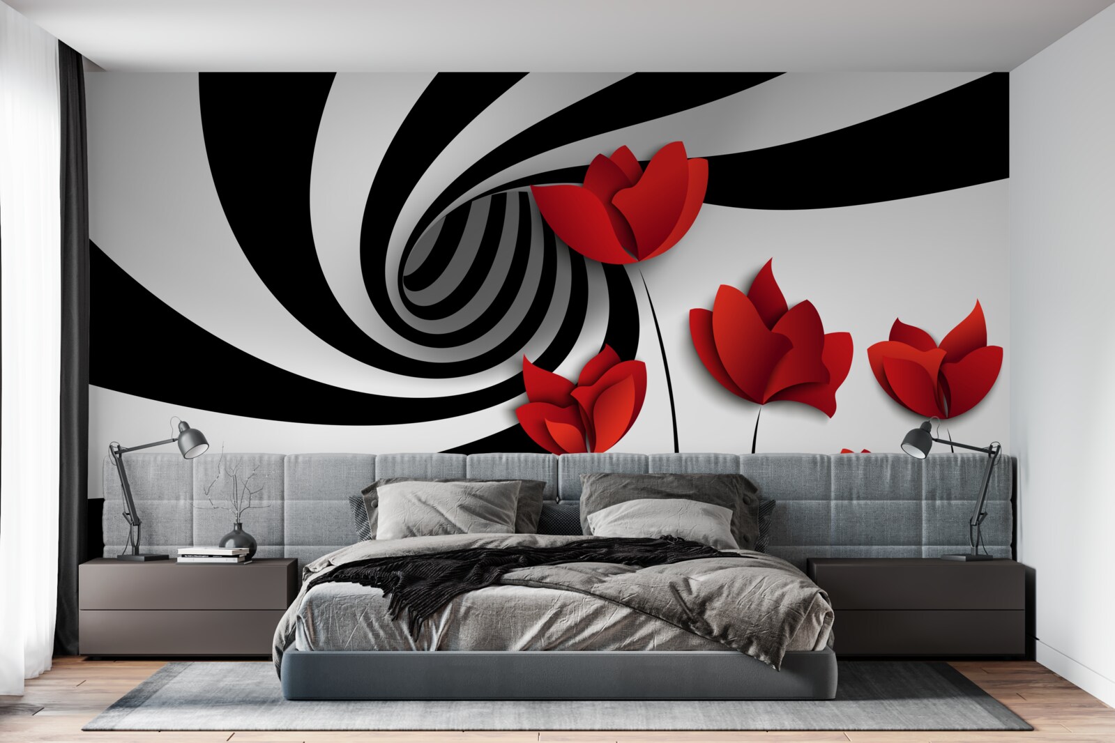 Papier peint un tunnel en noir et blanc et une clairière de coquelicots écarlates