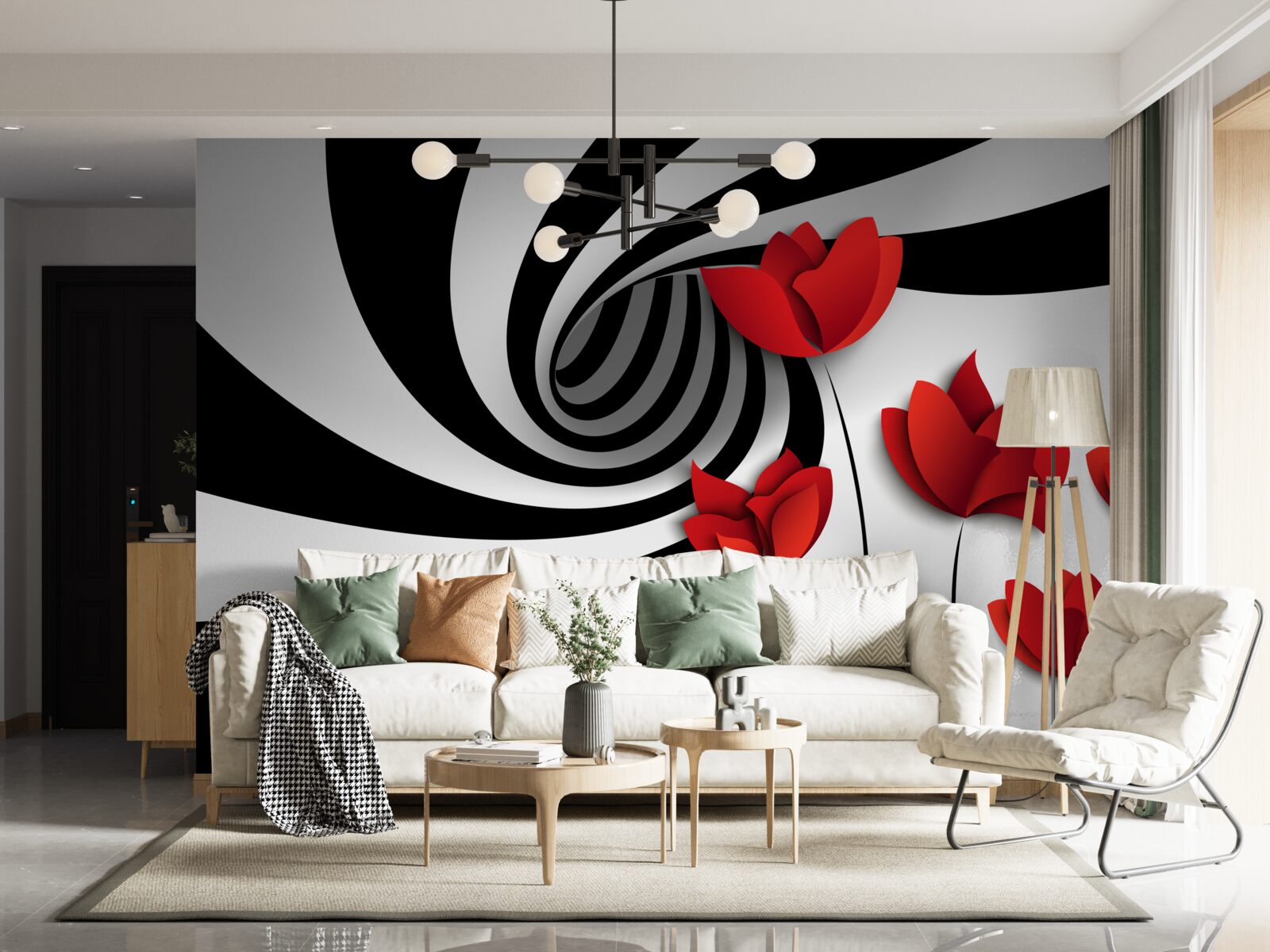 Papier peint un tunnel en noir et blanc et une clairière de coquelicots écarlates