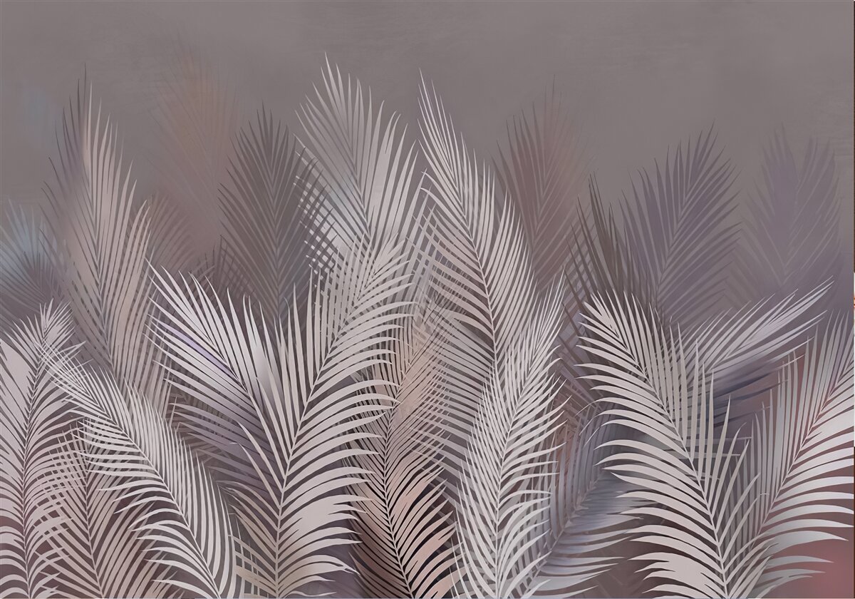 Papier peint L'arrière-plan brumeux confère aux feuilles tropicales blanches une atmosphère unique.