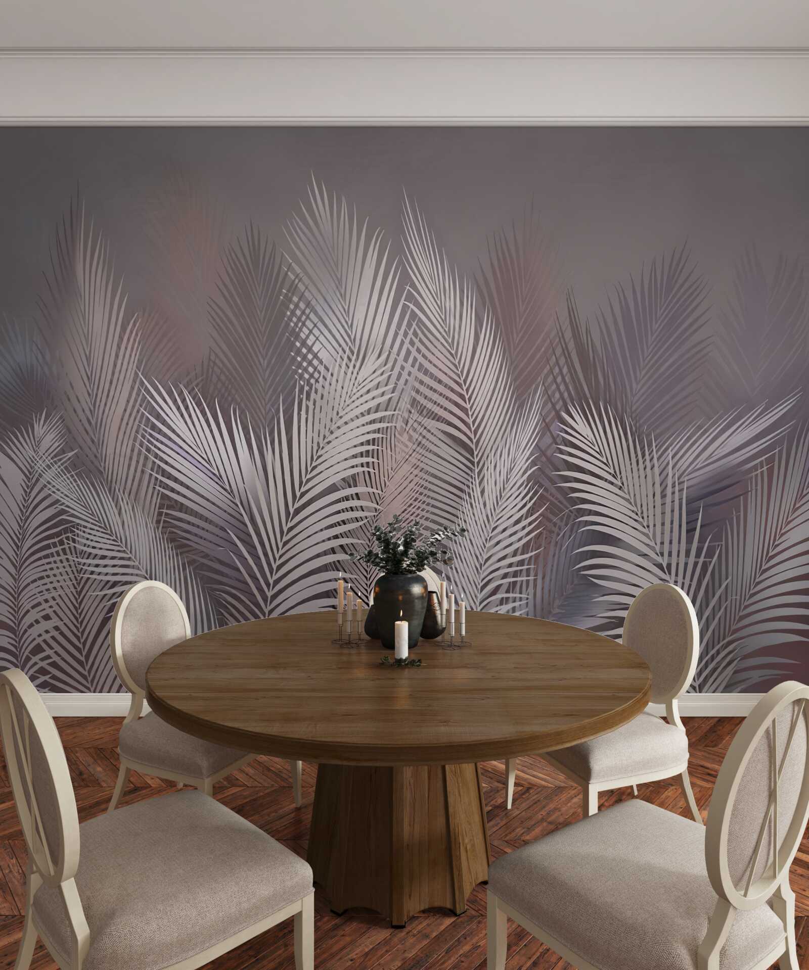 Papier peint L'arrière-plan brumeux confère aux feuilles tropicales blanches une atmosphère unique.