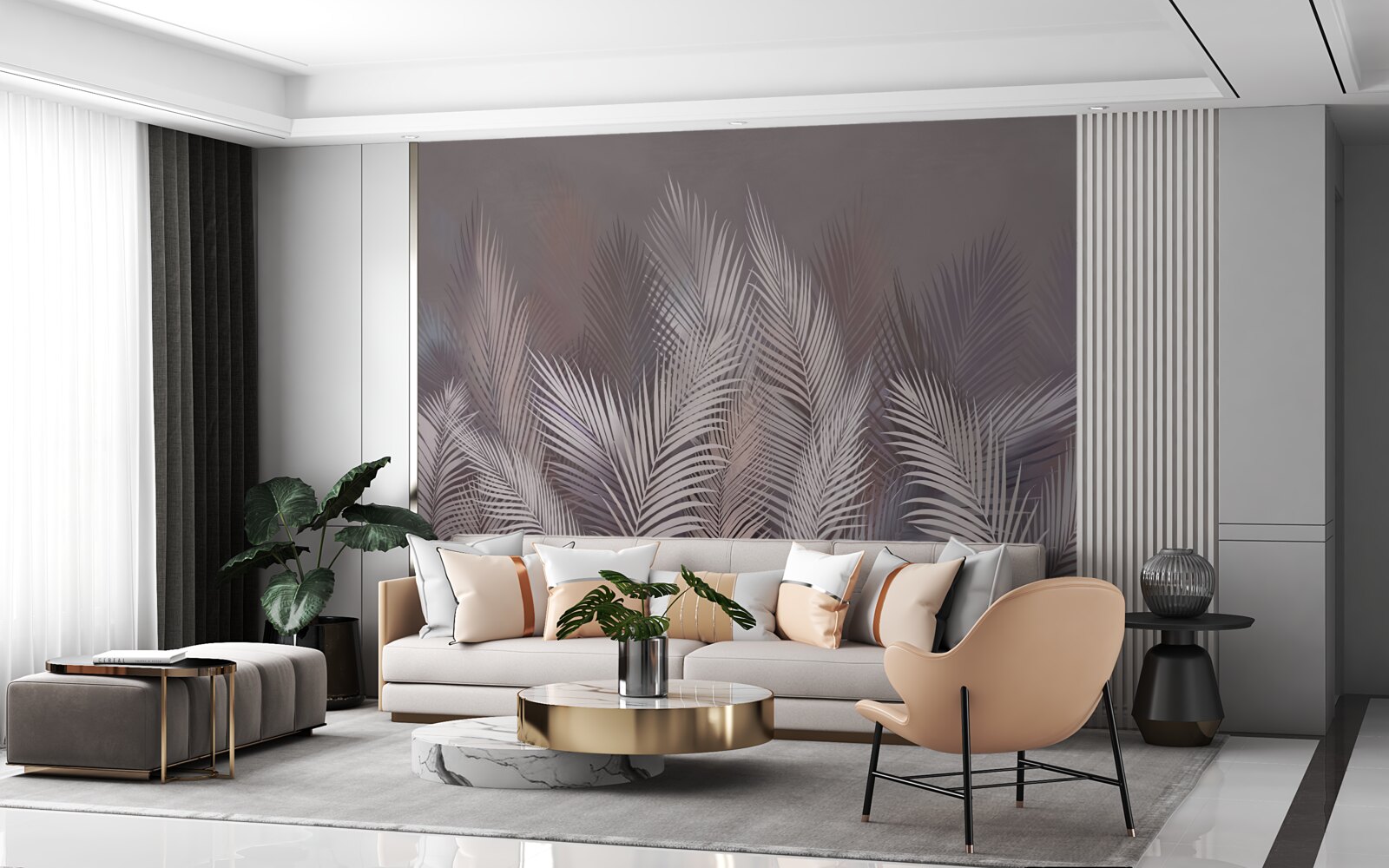 Papier peint L'arrière-plan brumeux confère aux feuilles tropicales blanches une atmosphère unique.