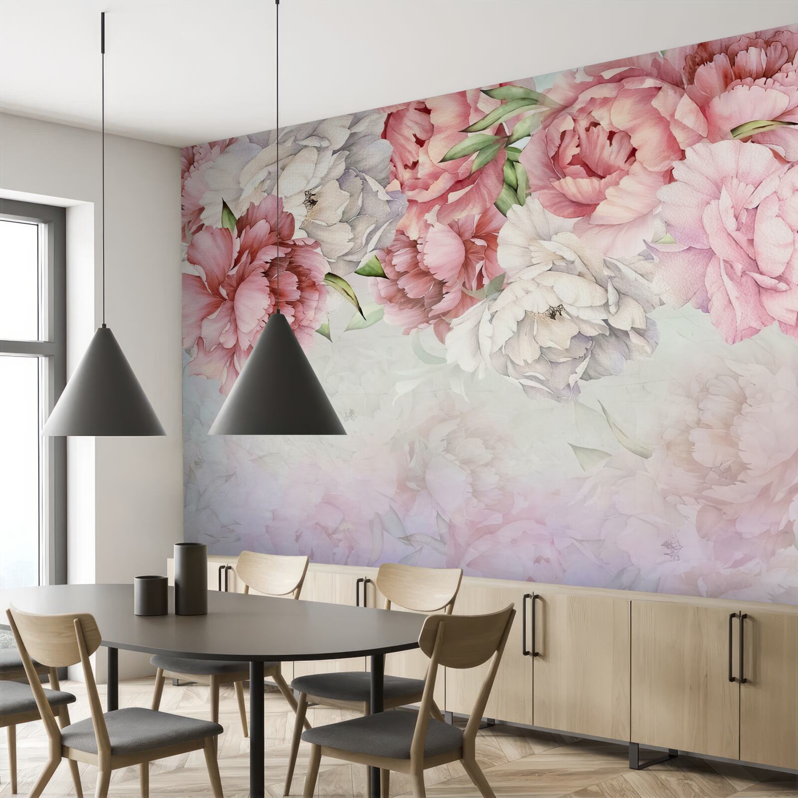 Papier peint fond lumineux décoré de délicates fleurs roses