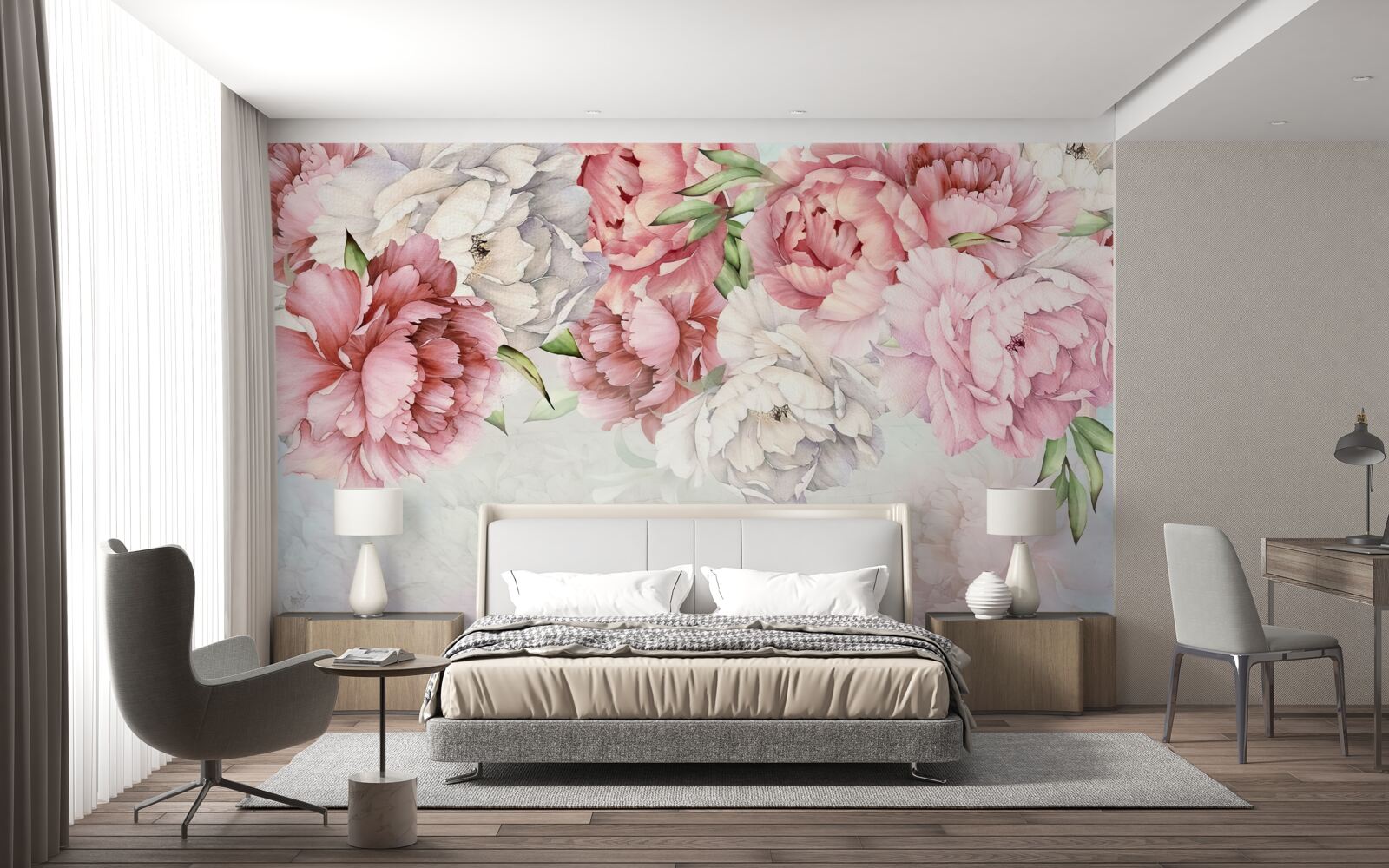 Papier peint fond lumineux décoré de délicates fleurs roses