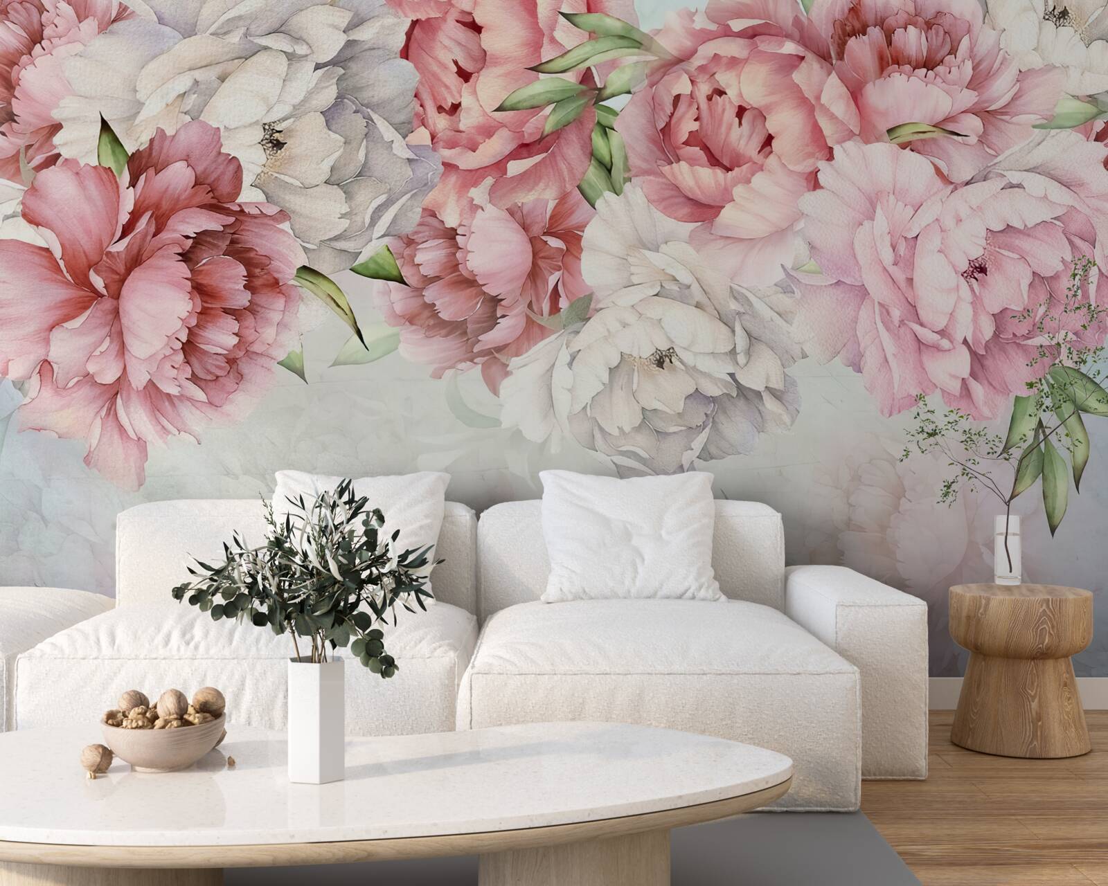 Papier peint fond lumineux décoré de délicates fleurs roses