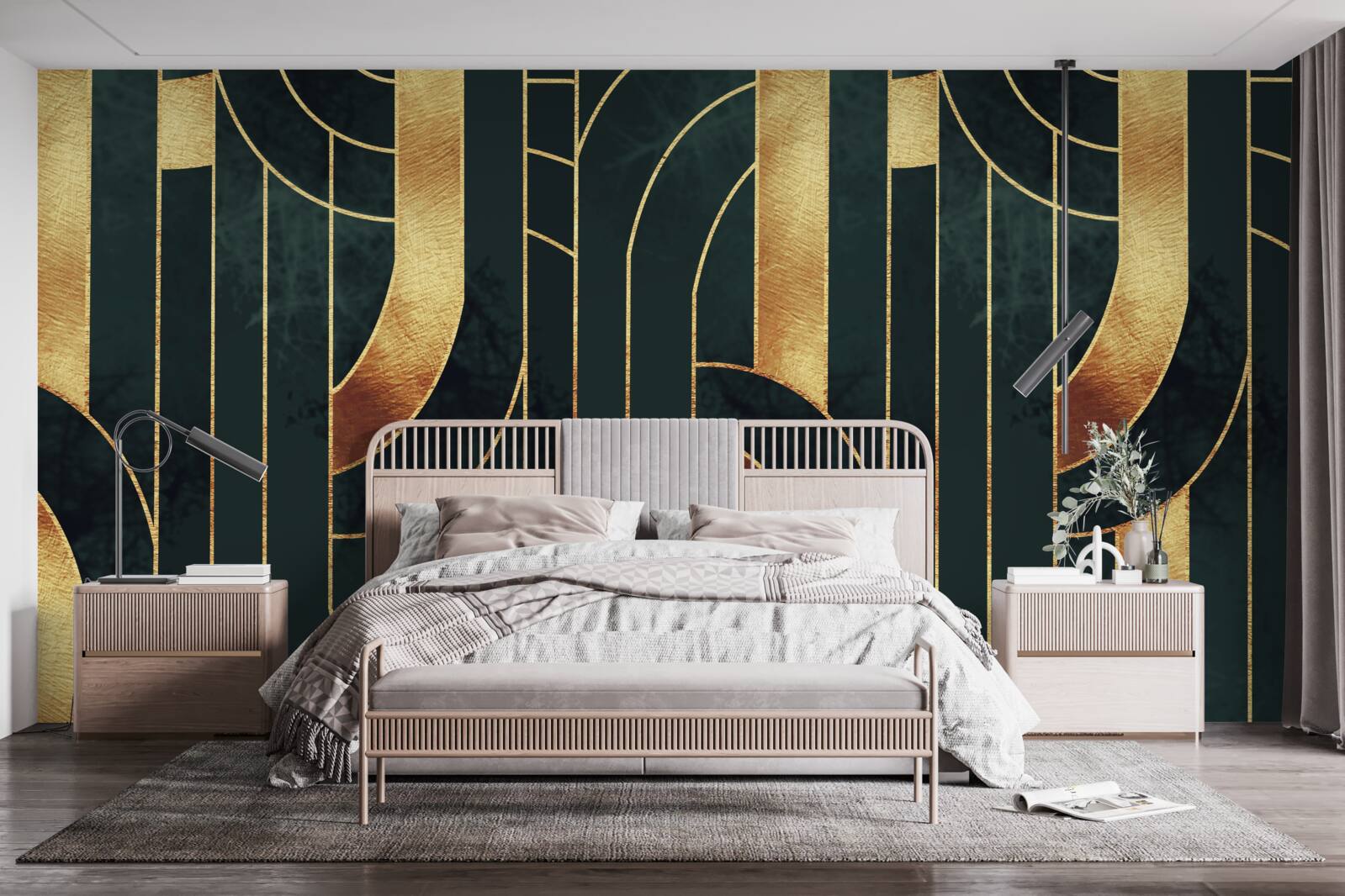Papier peint lignes gracieuses d'or et d'émeraude