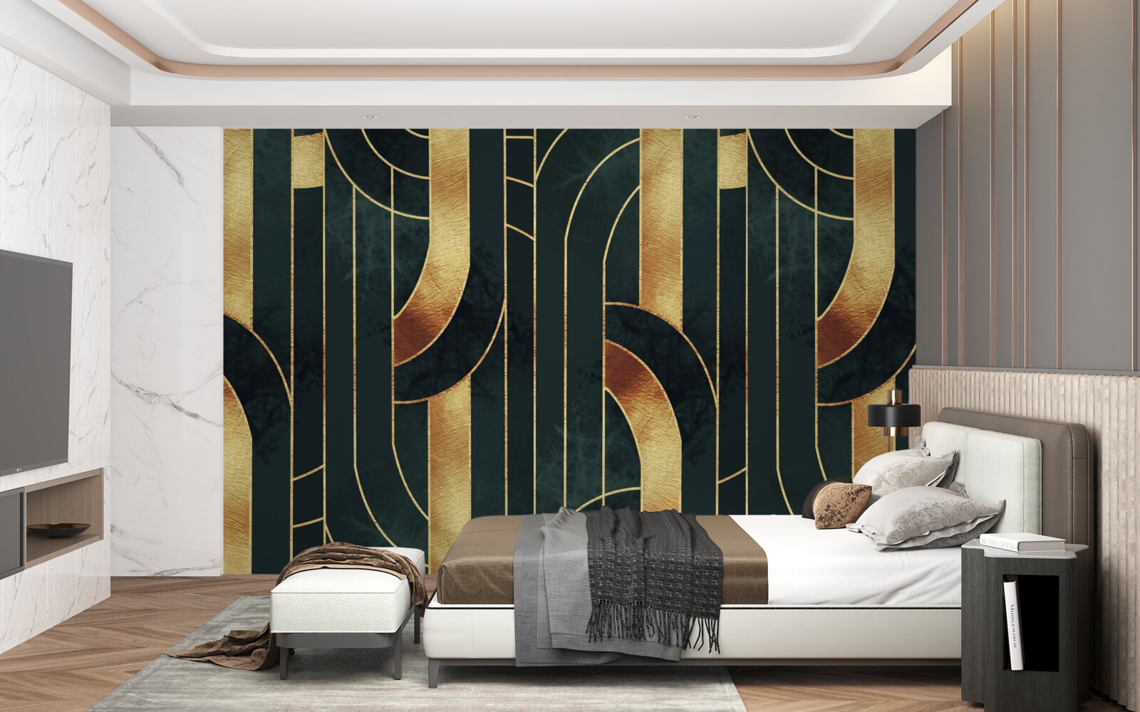 Papier peint lignes gracieuses d'or et d'émeraude