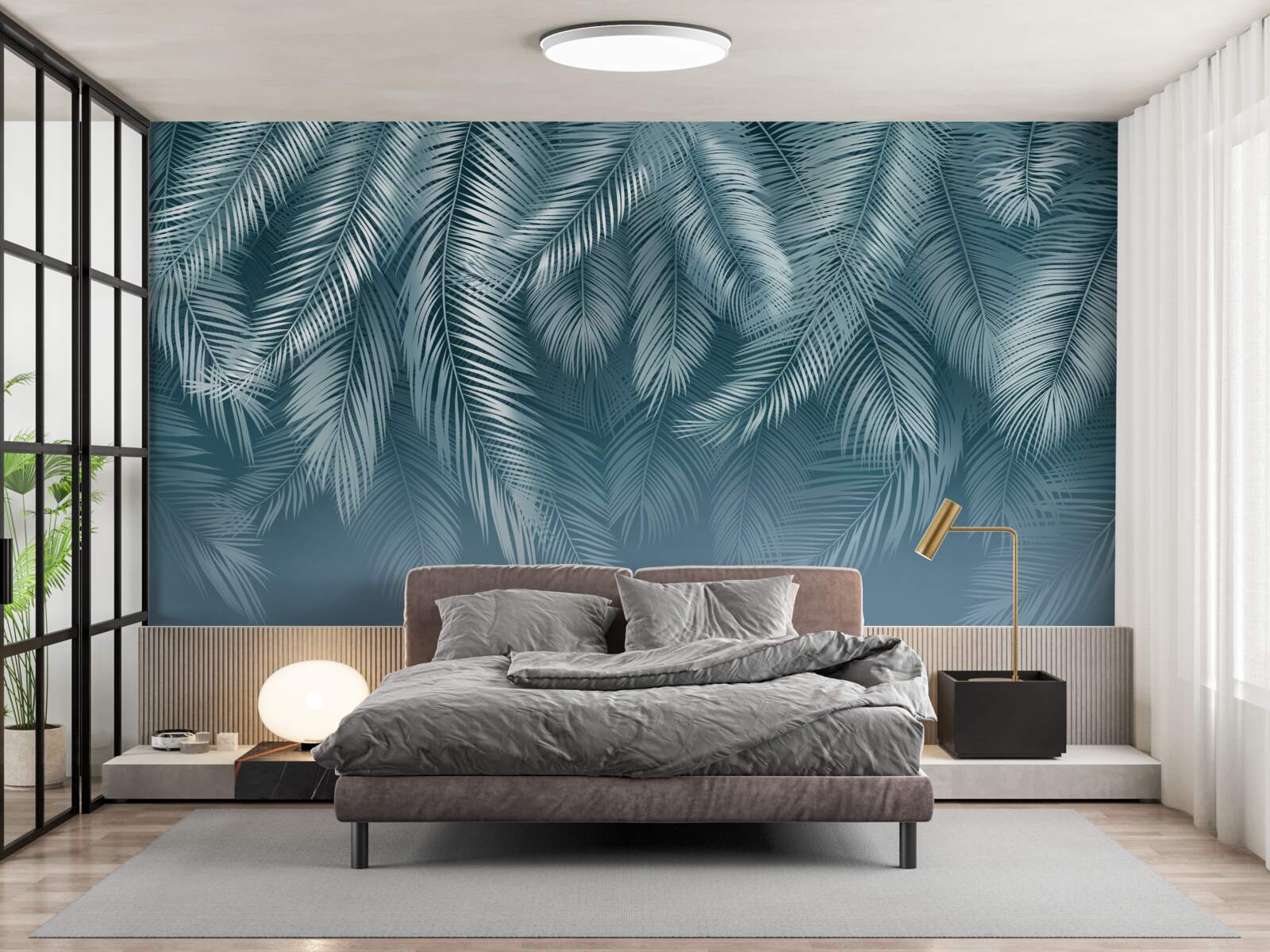 Papier peint feuilles de plumes en turquoise