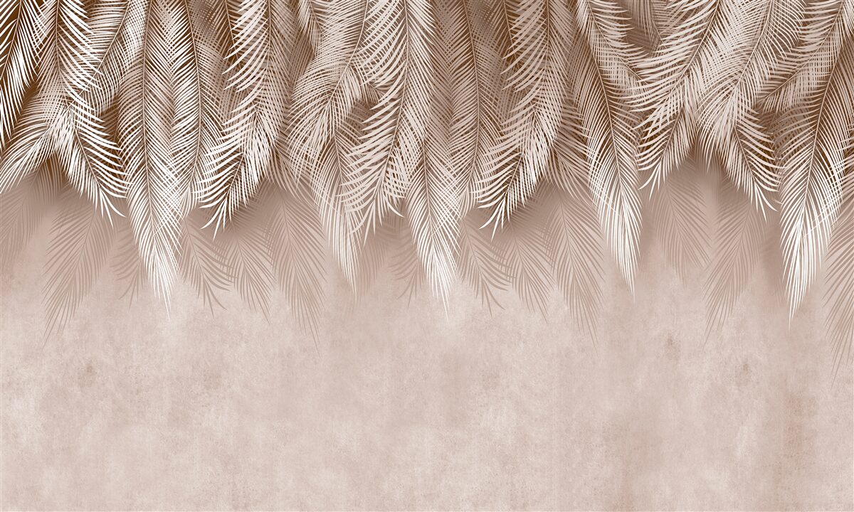 Papier peint fond rose décoré de feuilles de palmier blanches