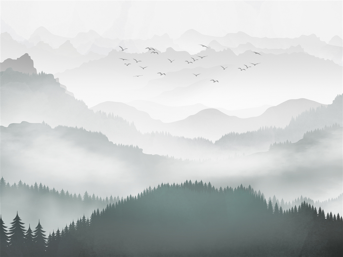 Papier peint un brouillard épais recouvre les sommets rocheux